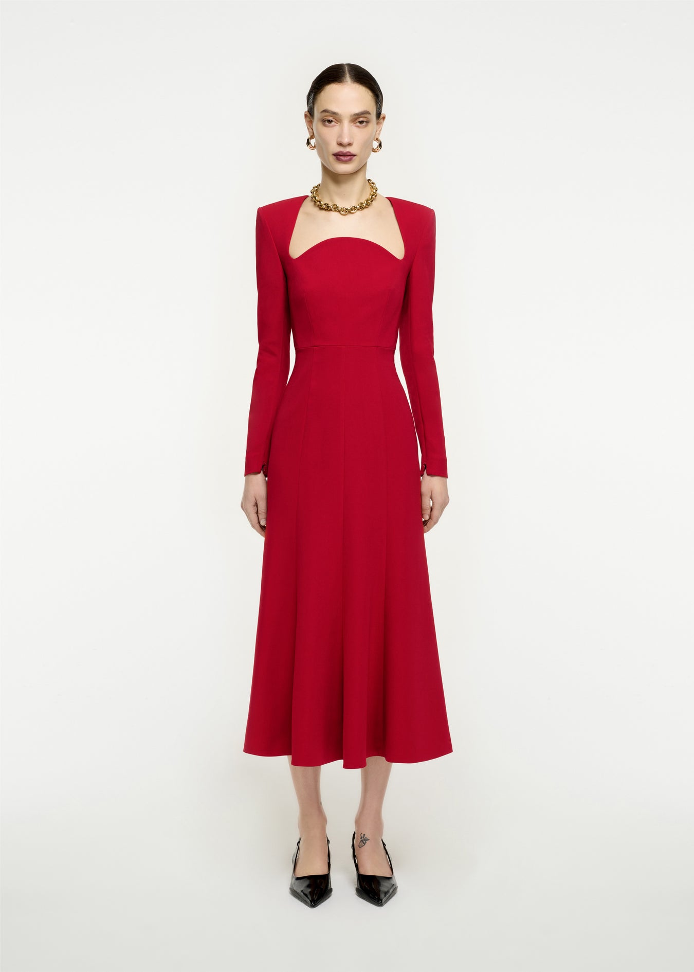 Woman wearing the Long Sleeve Stretch Cady Midi Dress in Red