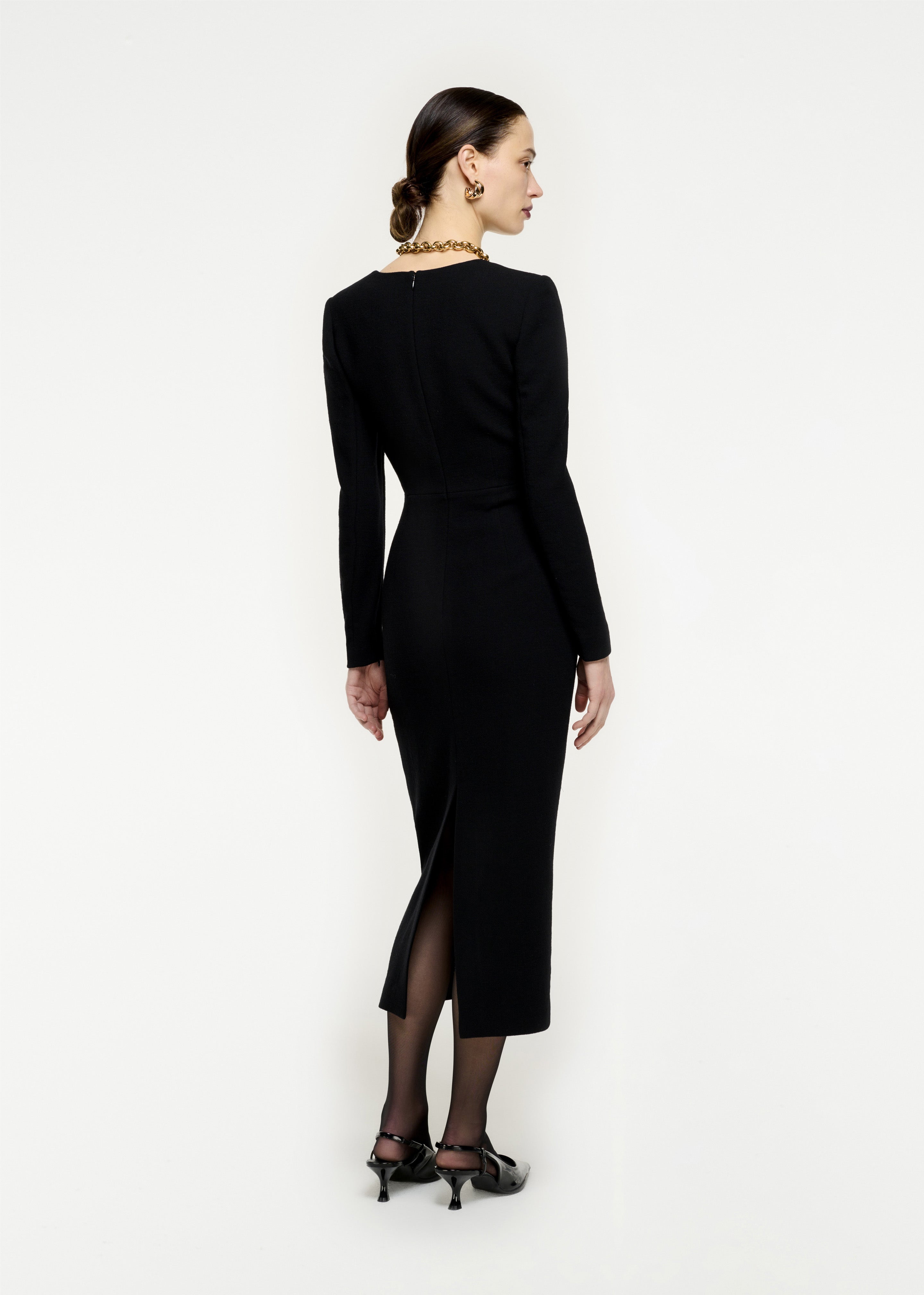 Long black crepe dress sale