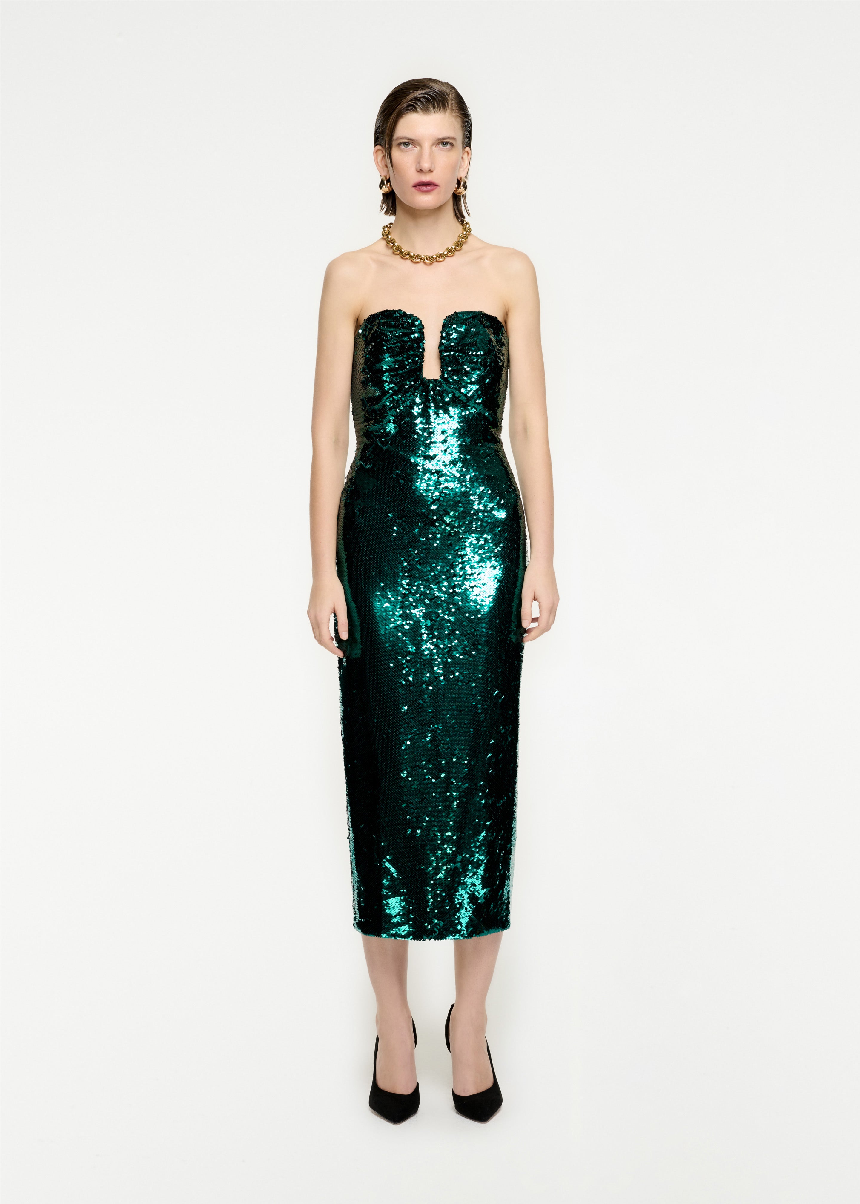 Strapless sequin midi clearance dress