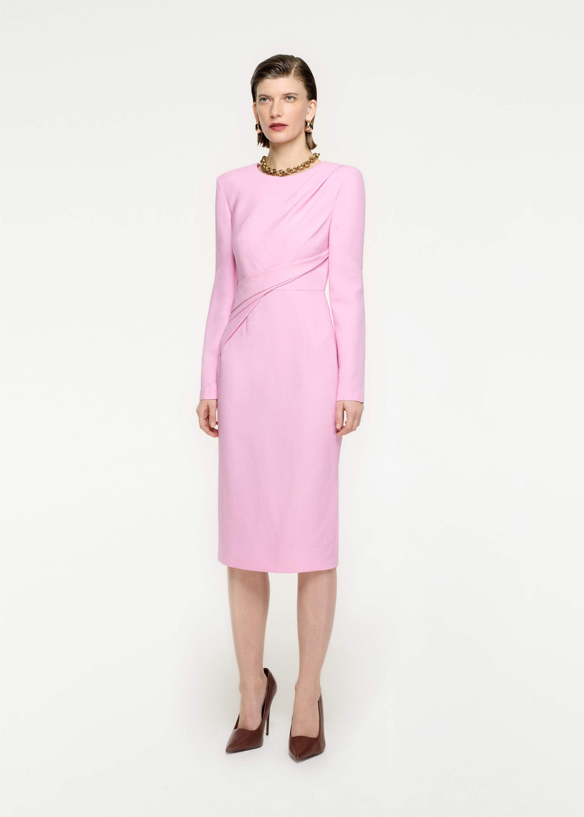 Woman wearing the Long Sleeve Wool Silk Midi Dress in Pink