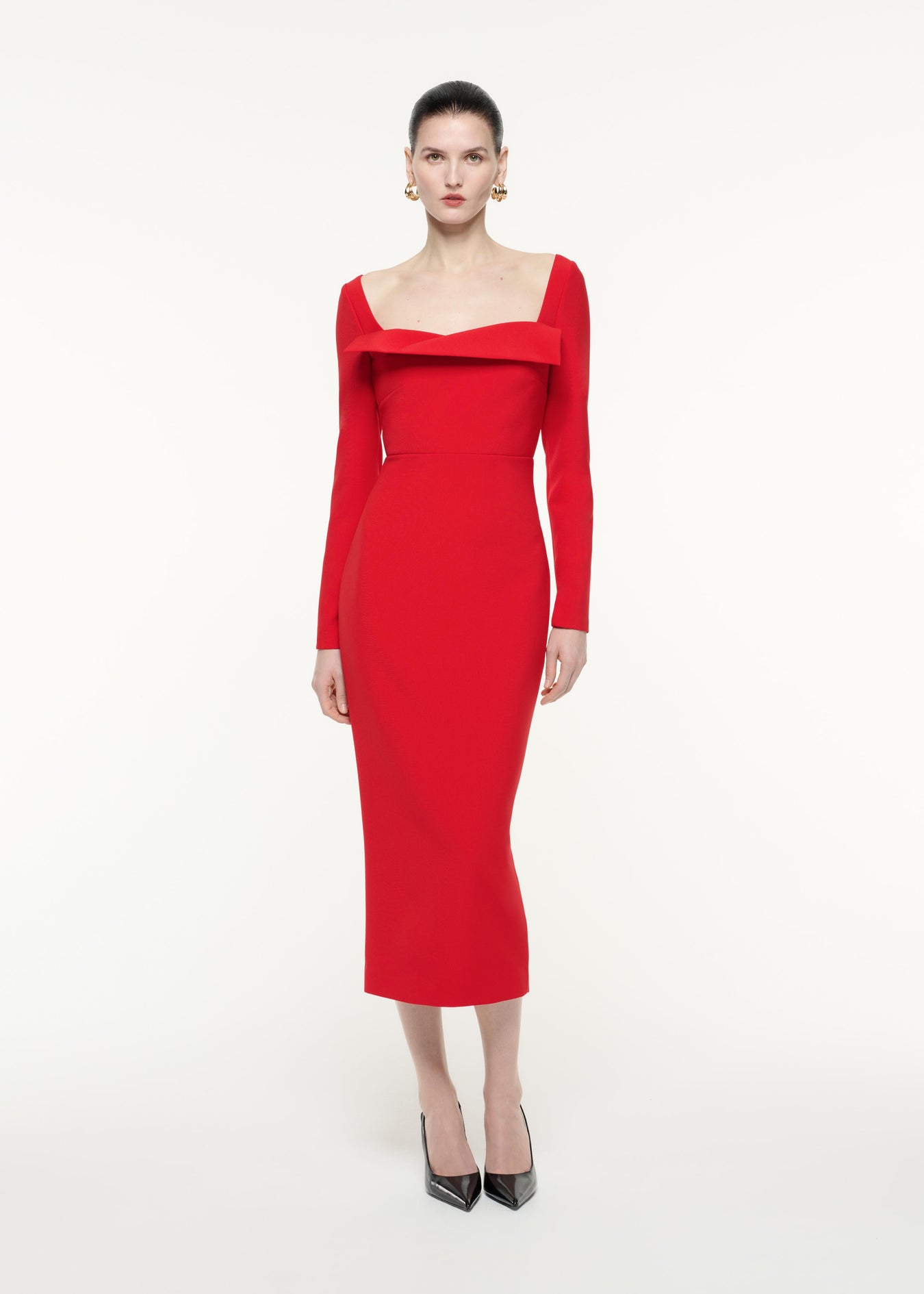 A front view image of a model wearing the Long Sleeve Crepe Midi Dress in Red
