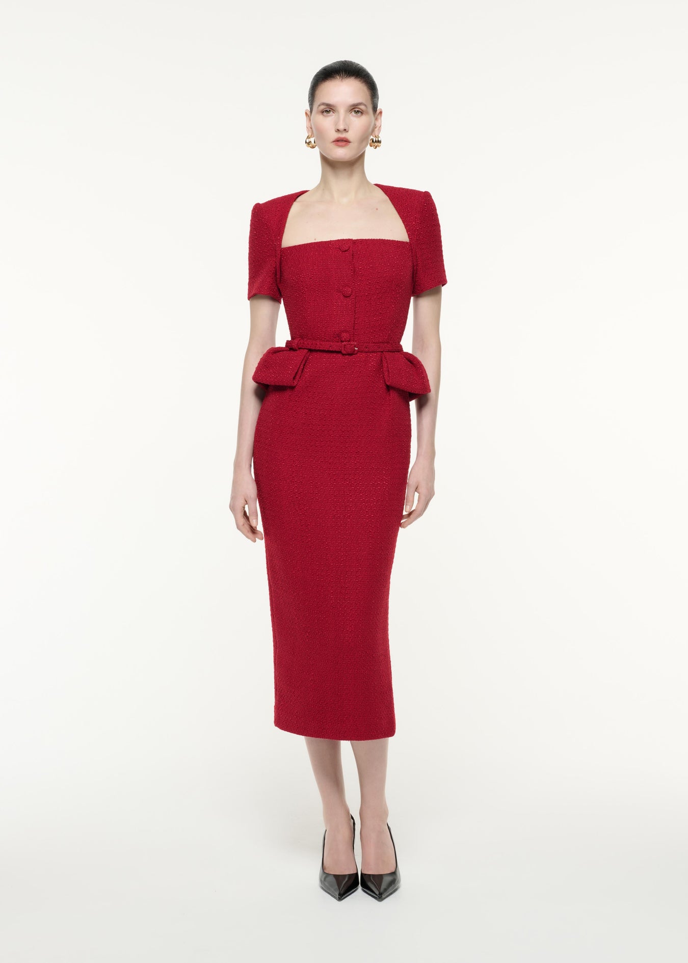 A front view image of a model wearing the Short Sleeve Boucle Midi Dress in Red