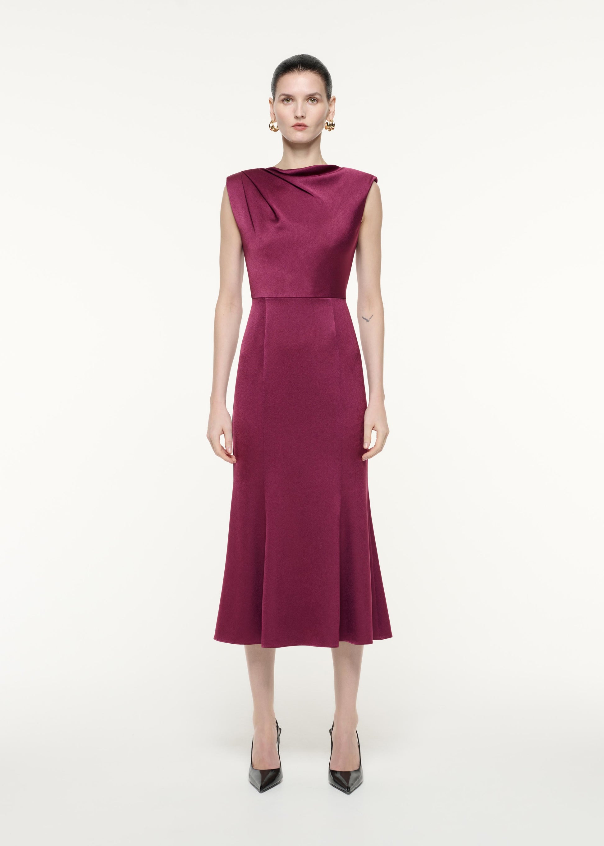 A front view image of a model wearing the Satin Crepe Midi Dress Purple in Purple