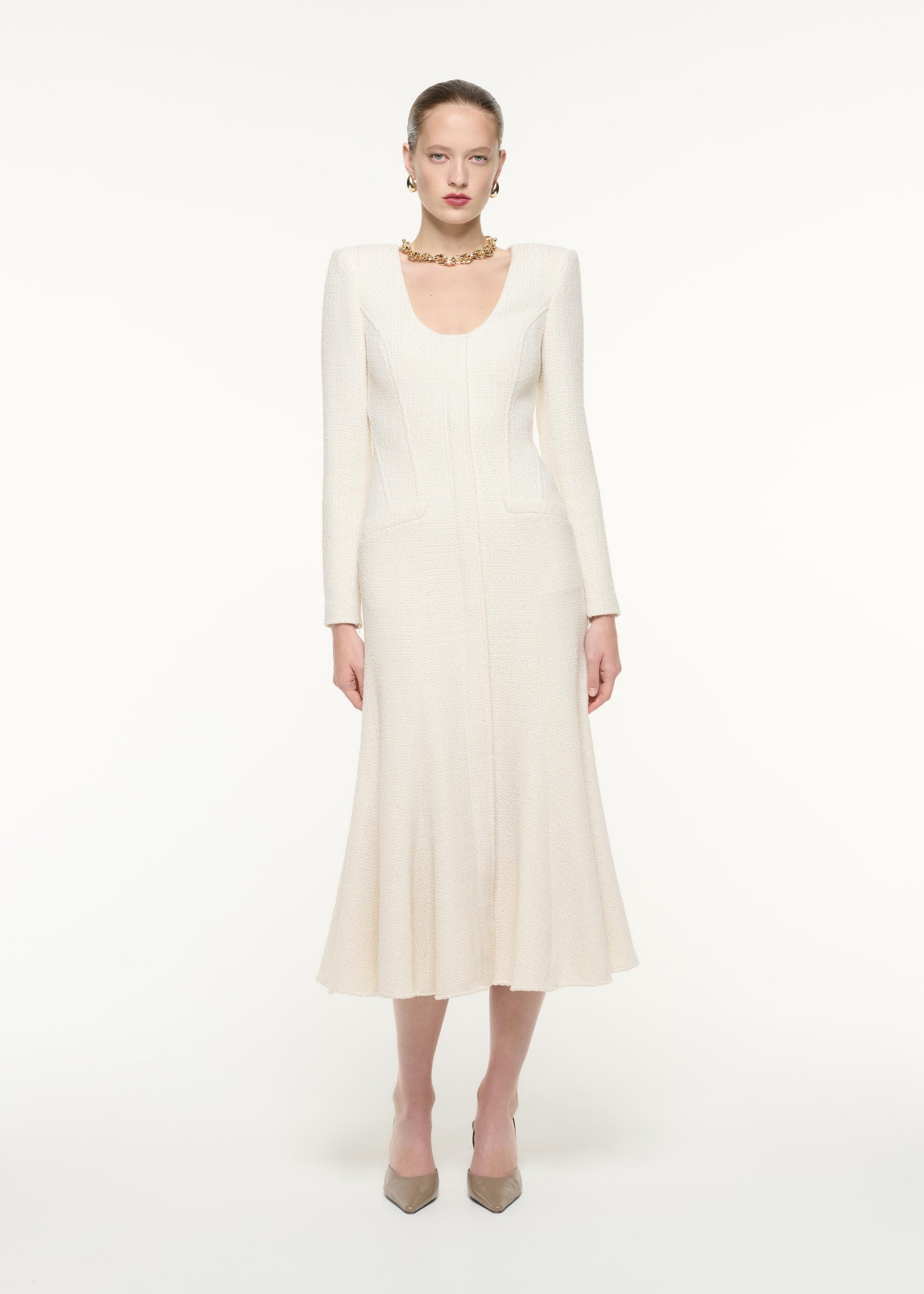 Long Sleeve Tailoring Boucle Midi Dress