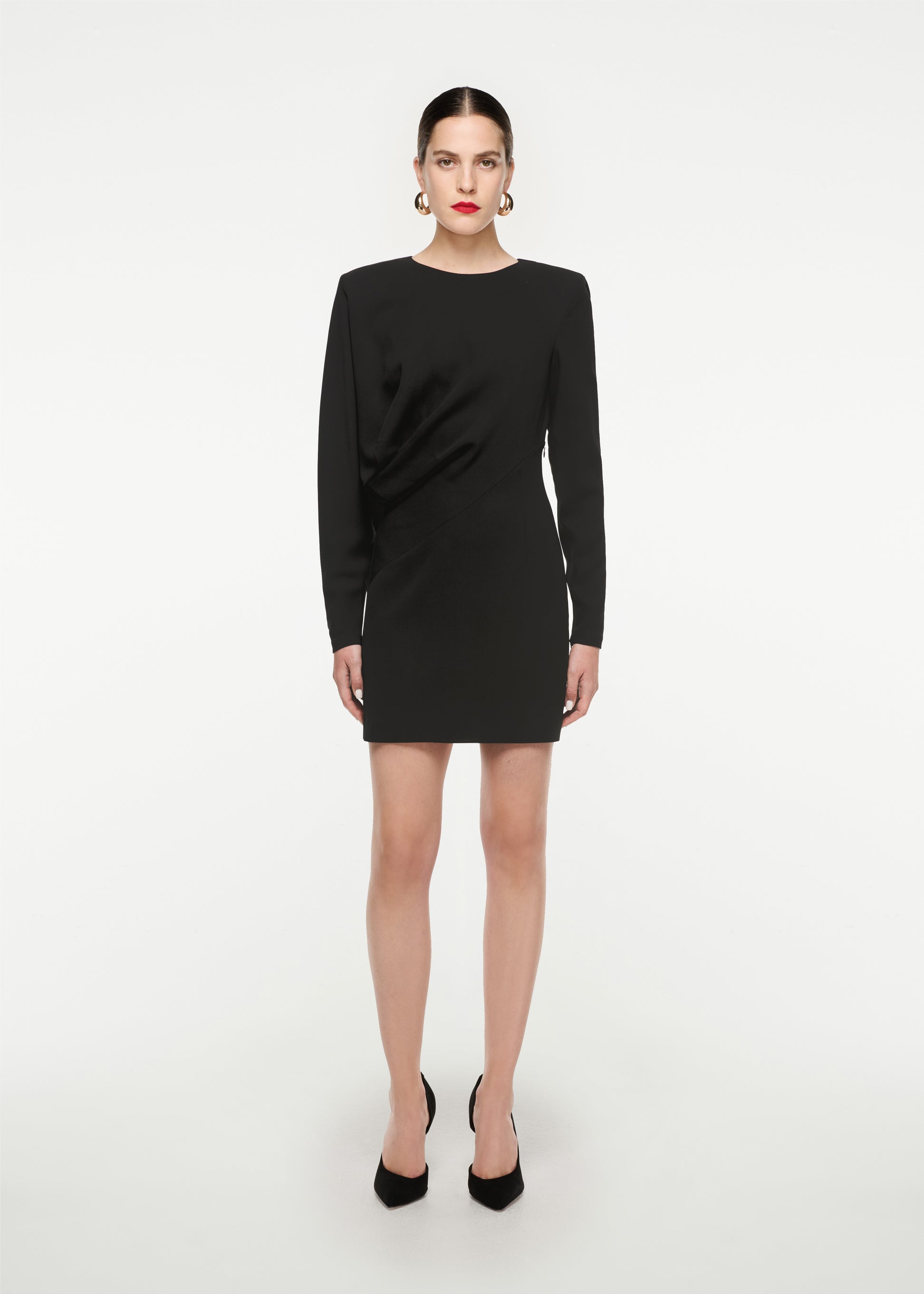 Woman wearing the Long Sleeve Stretch Cady Mini Dress in Black