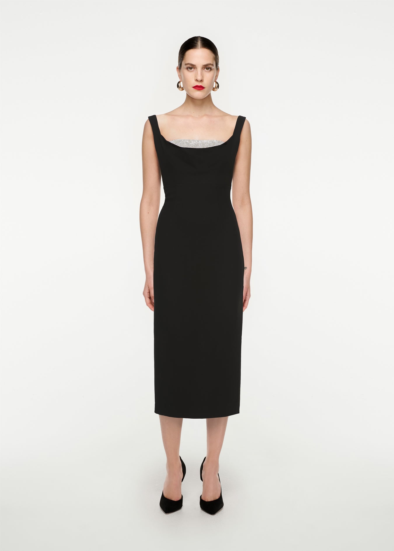 Woman wearing the Off Shoulder Silk Wool Diamante Midi Dress in Black