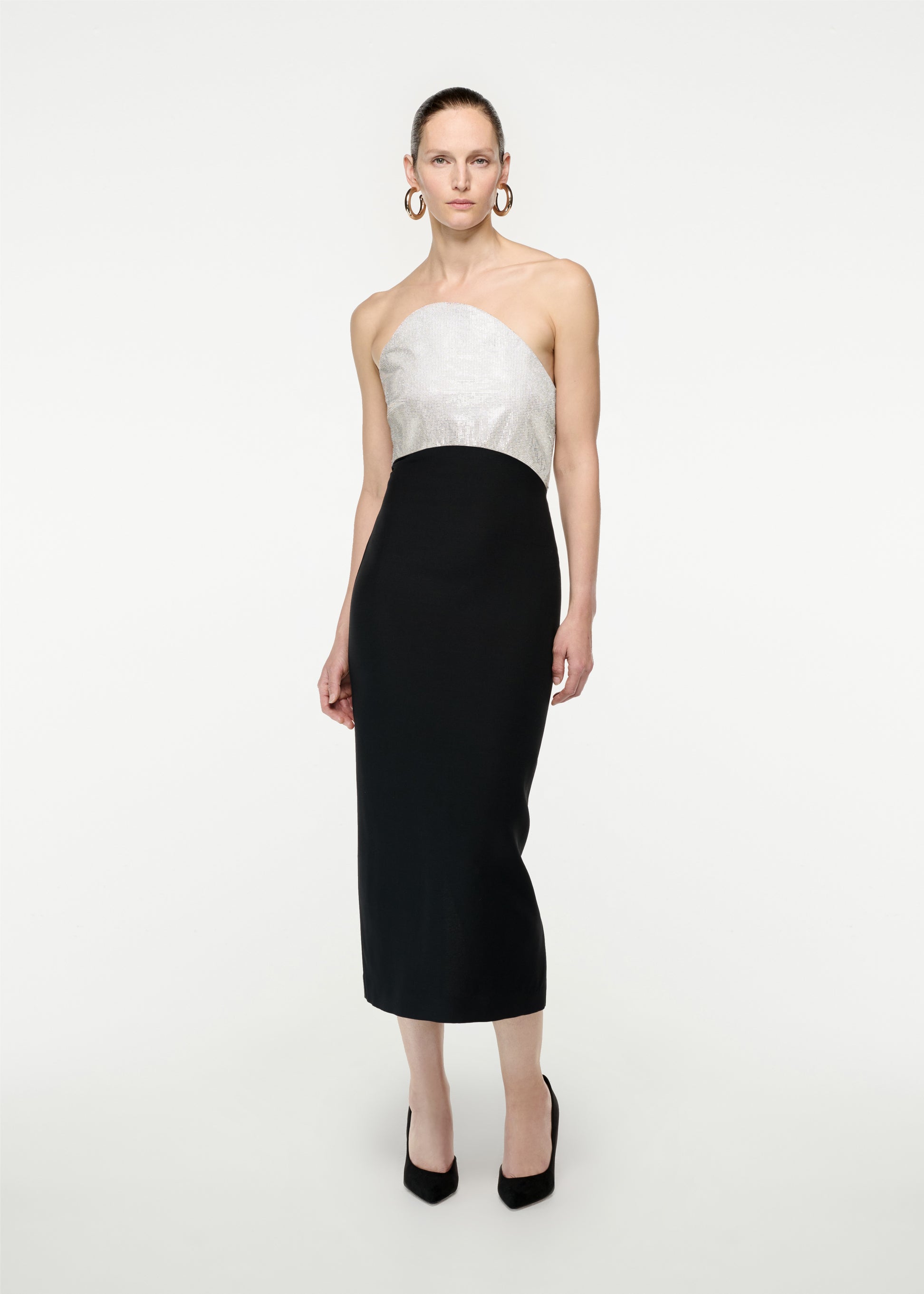 Woman wearing the Strapless Silk Wool Diamante Midi Dress in Black