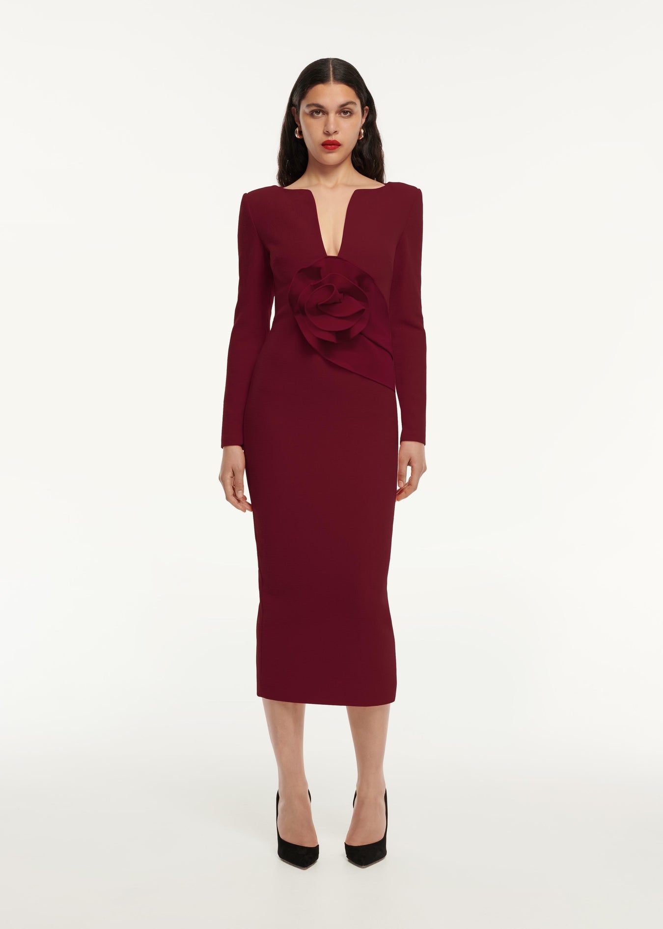 A front view image of a model wearing the Flower Detail Midi Dress in Maroon