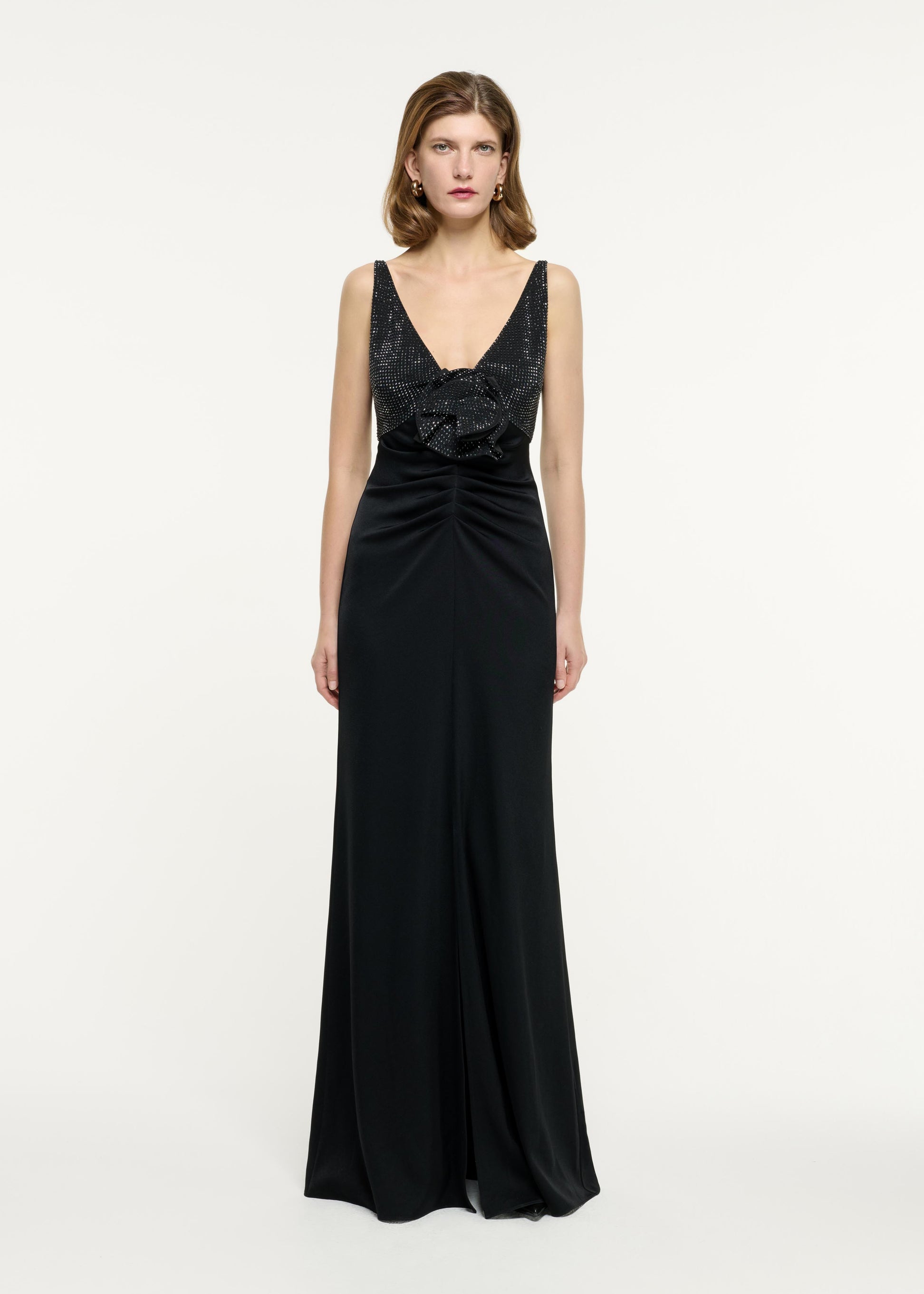 Embellished Flower Satin Crepe Gown