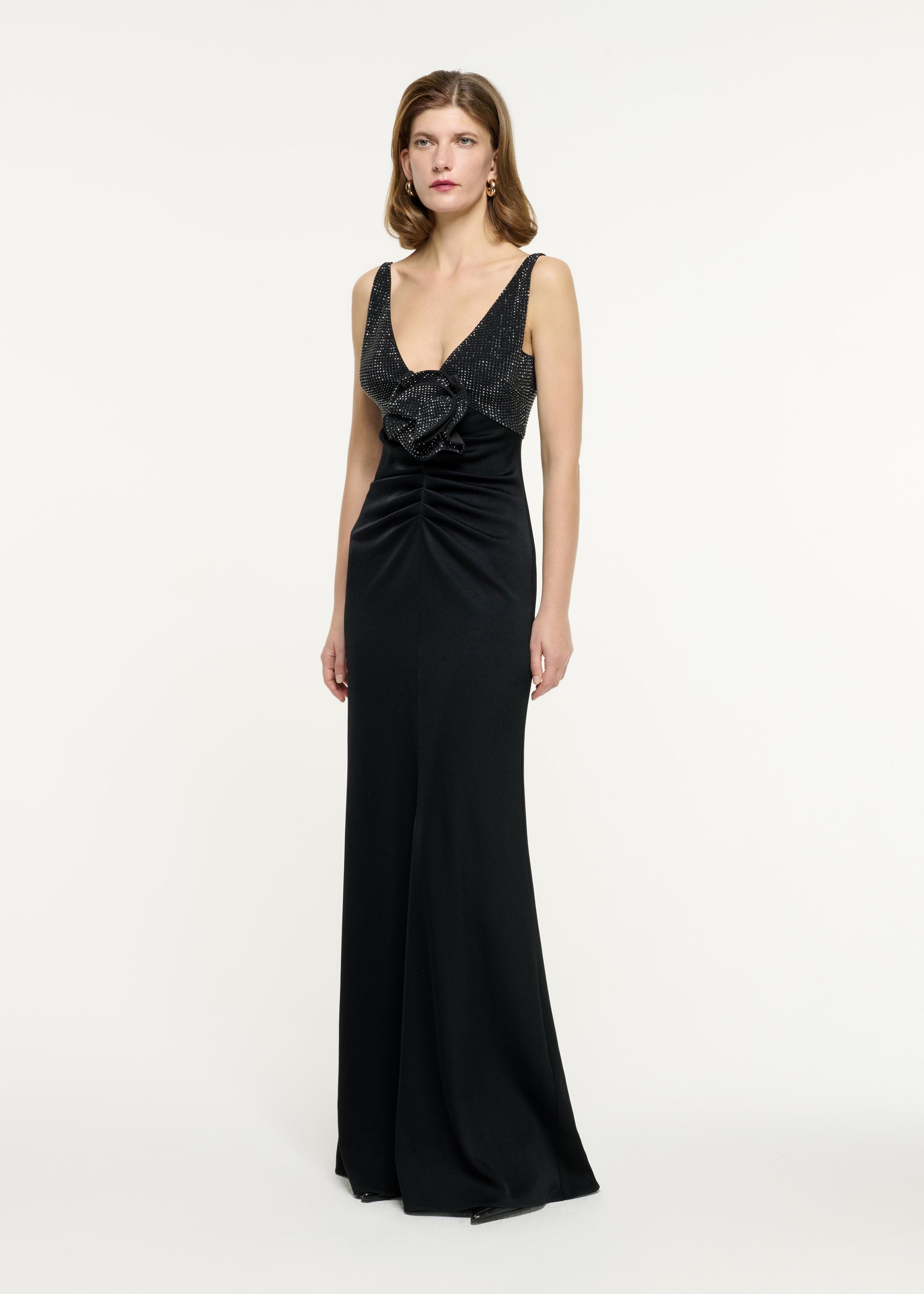 Embellished Flower Satin Crepe Gown