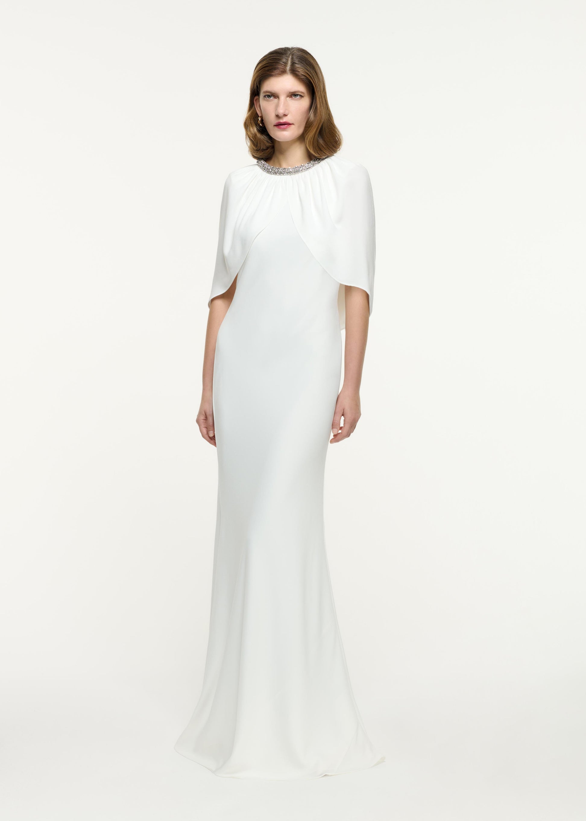 Embellished Cape Satin Crepe Gown