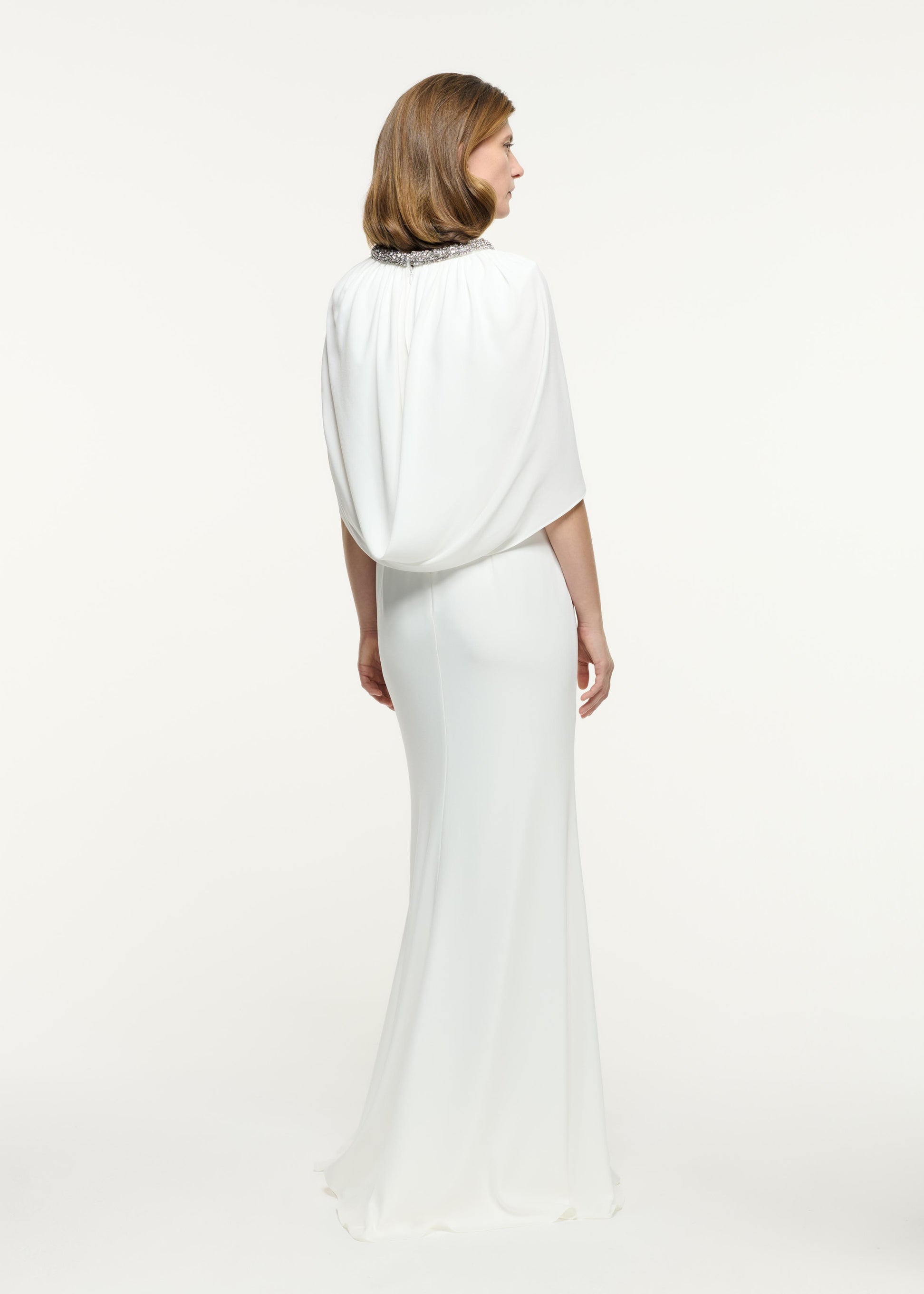 Embellished Cape Satin Crepe Gown