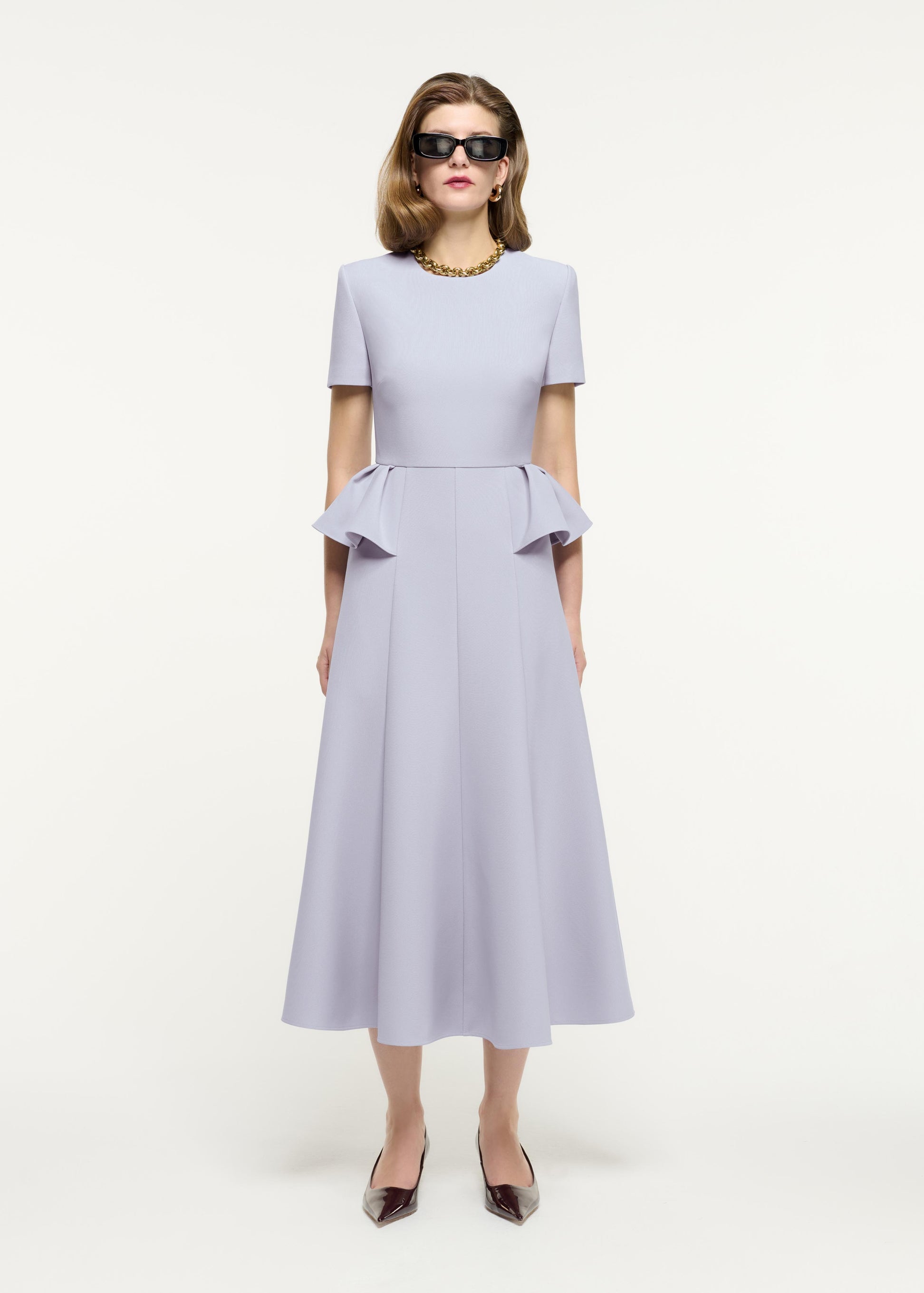 Short Sleeve Peplum Crepe Midi Dress