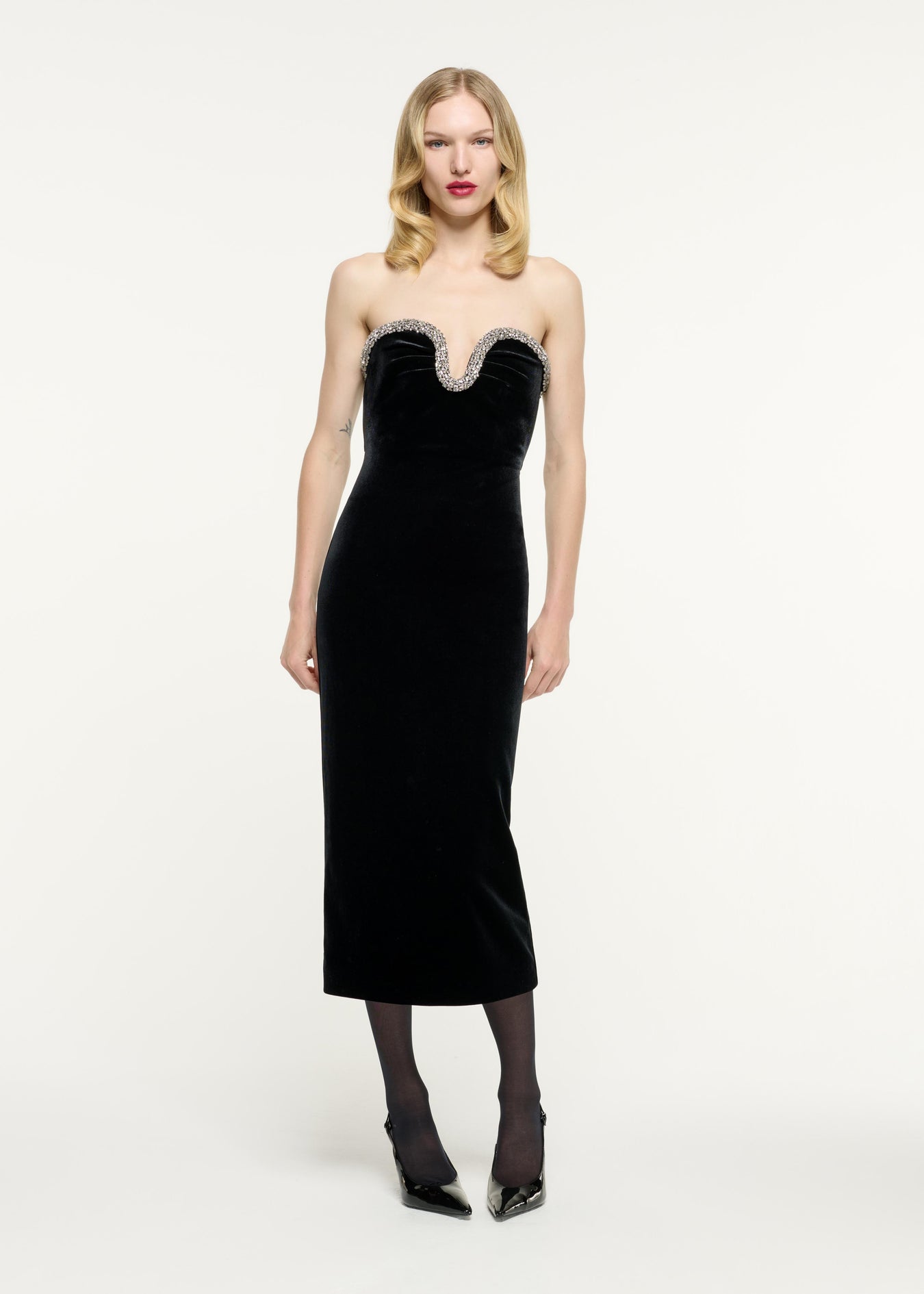 Strapless Embellished Velvet Midi Dress