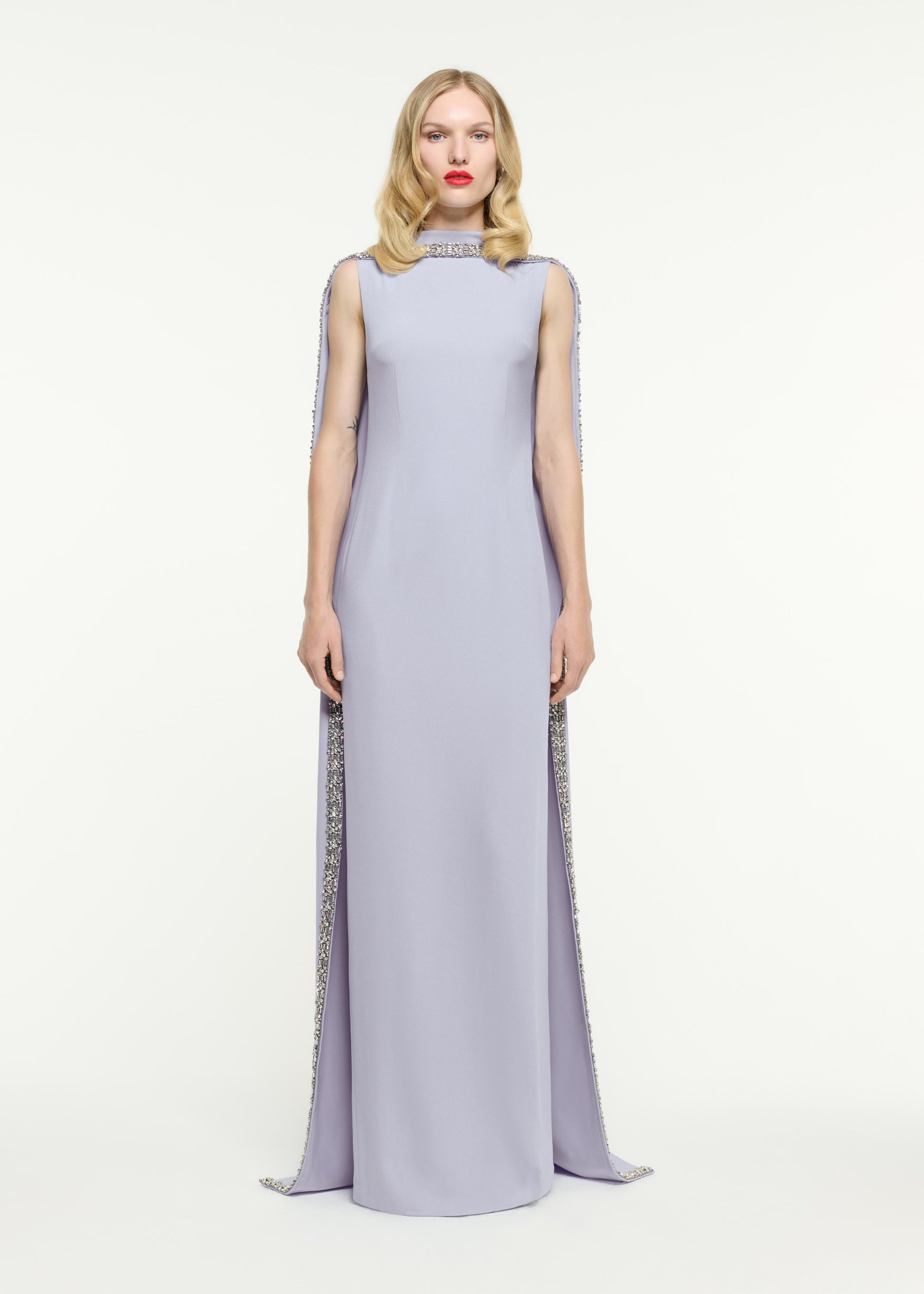 Embellished Cape Satin Crepe Gown