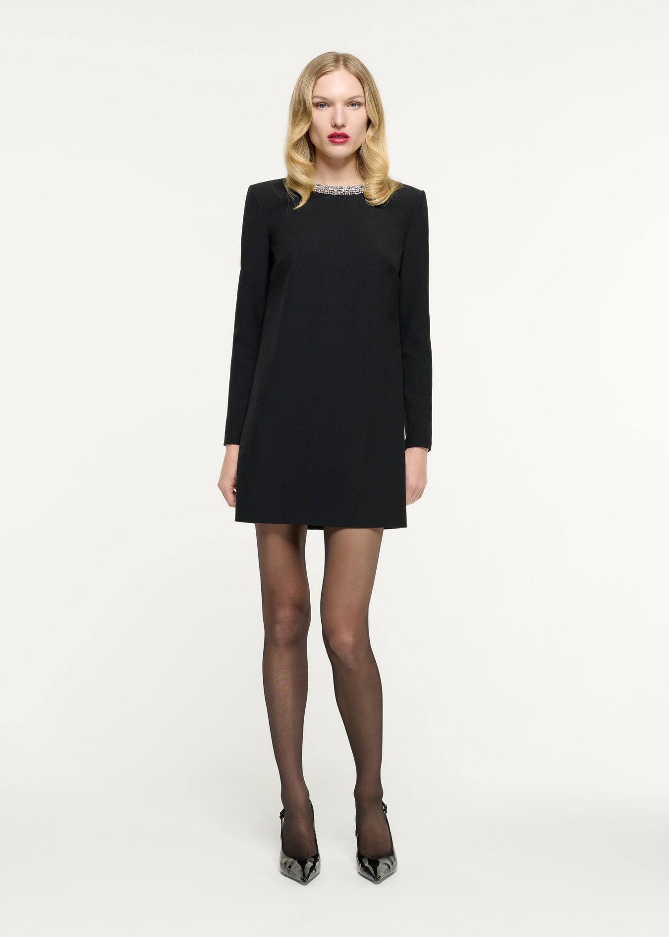 Long Sleeve Embellished Crepe Mini Dress