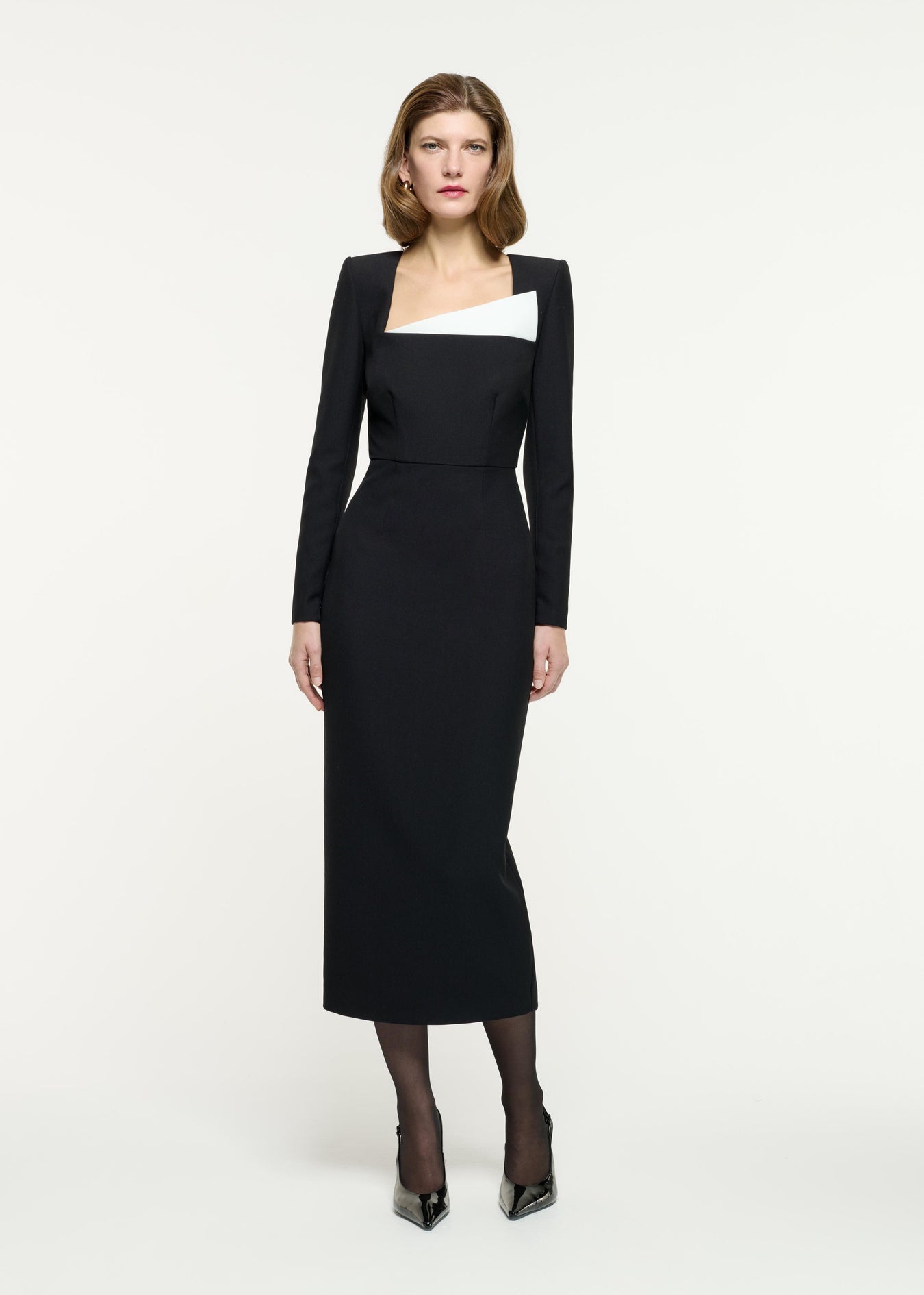 Long Sleeve Crepe Contrast Panel Midi Dress