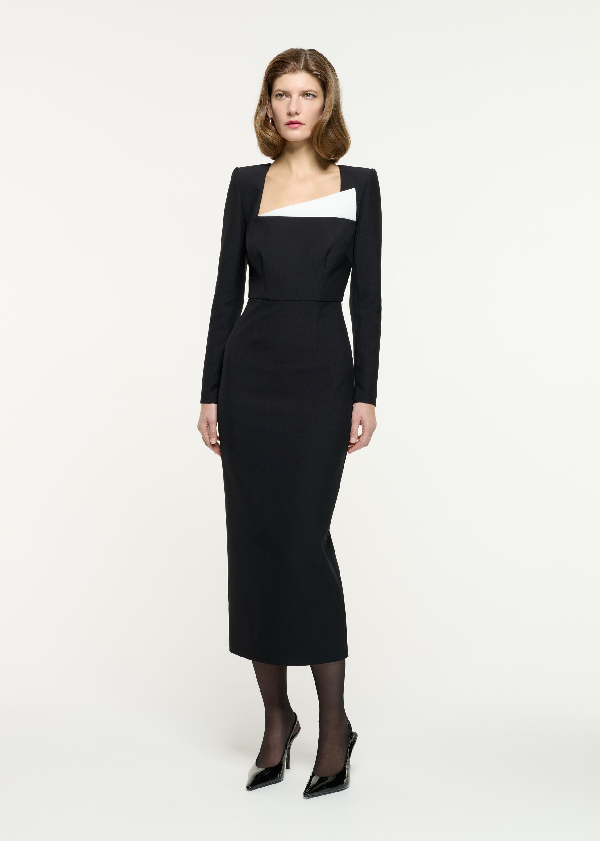 Long Sleeve Crepe Contrast Panel Midi Dress