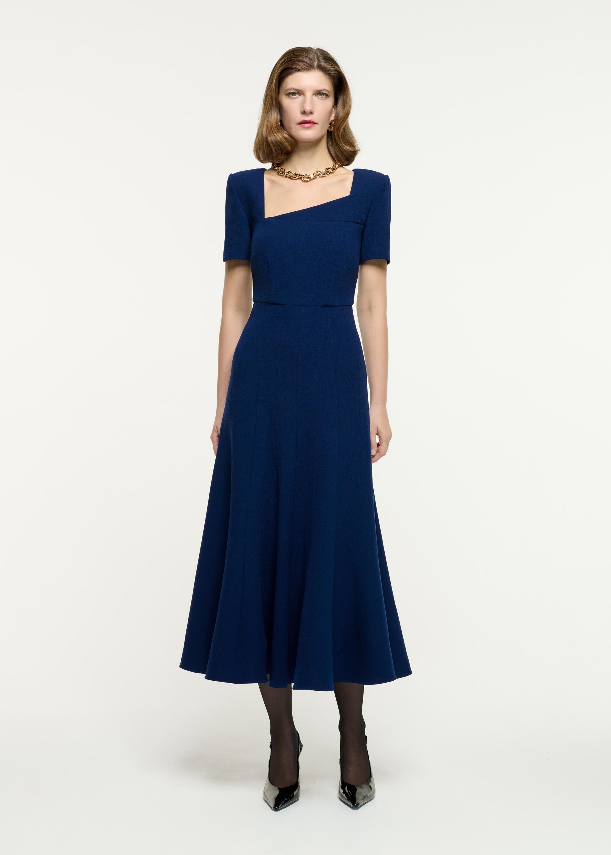 Short Sleeve Wool Crepe Midi Dress