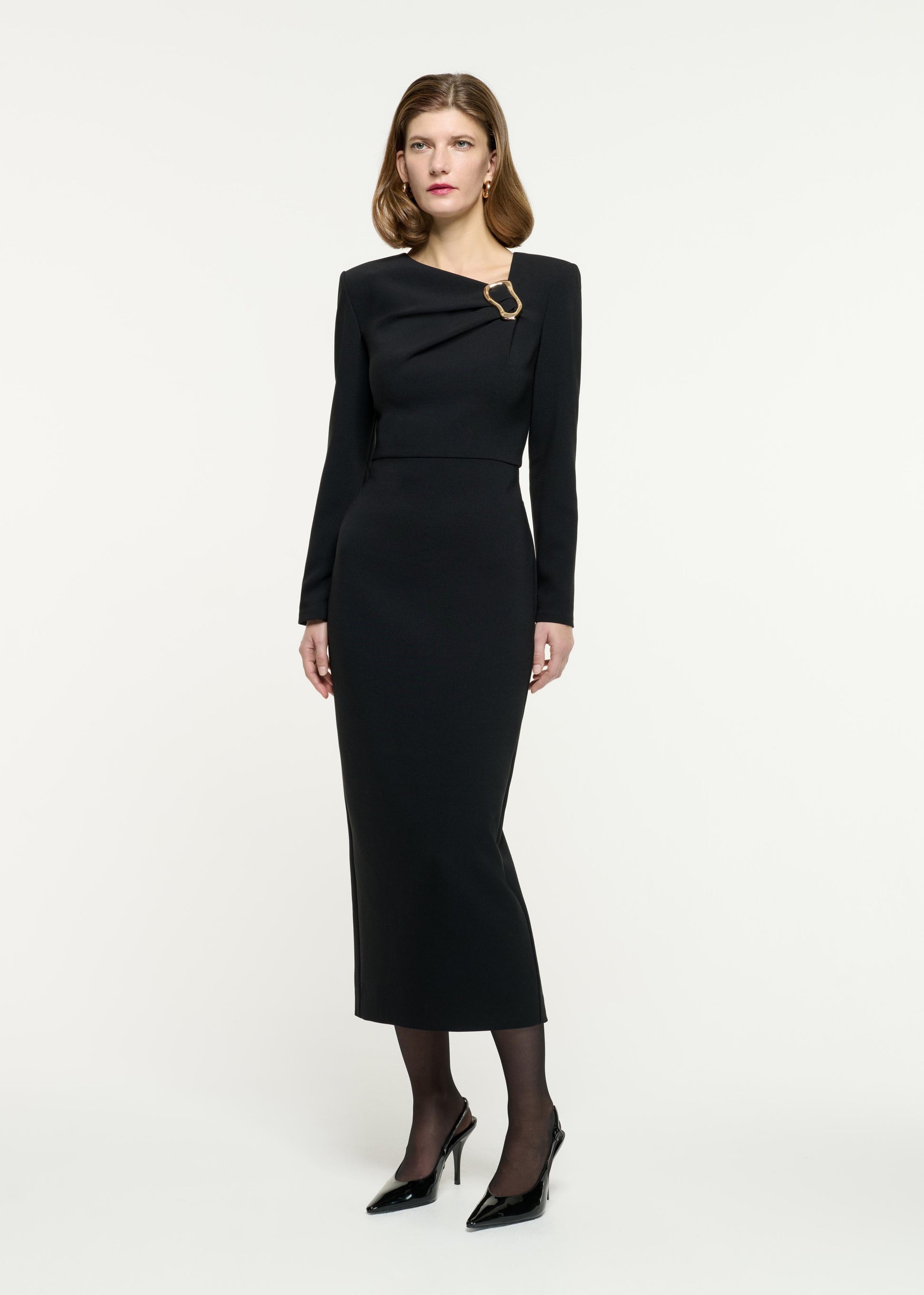 Long Sleeve Buckle Crepe Midi Dress