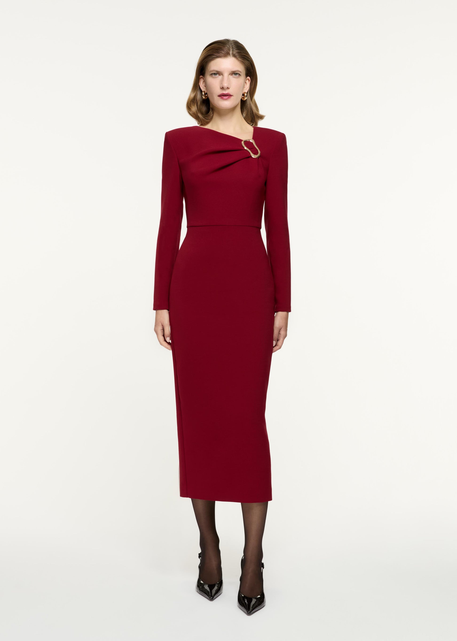 Long Sleeve Buckle Crepe Midi Dress