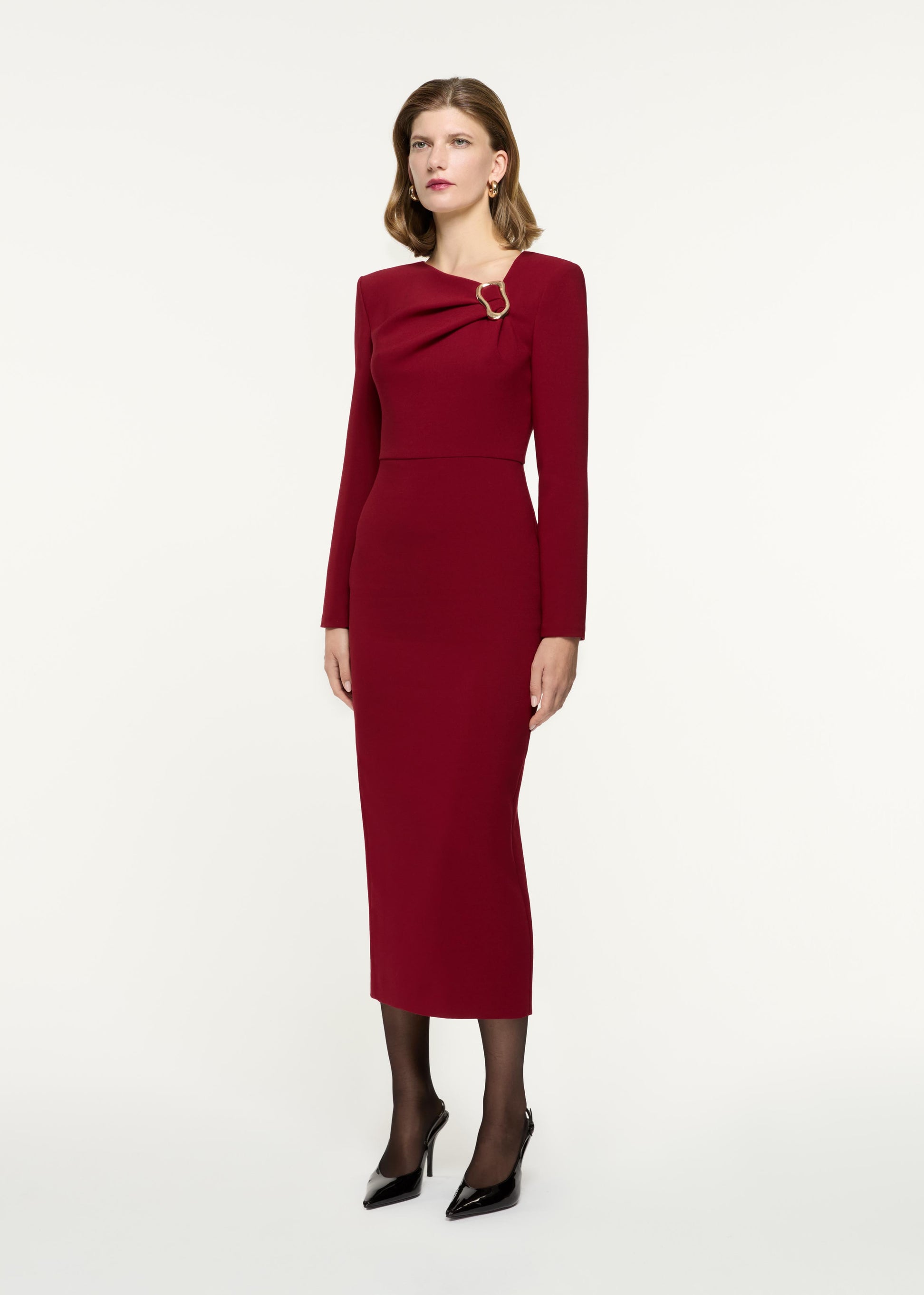 Long Sleeve Buckle Crepe Midi Dress