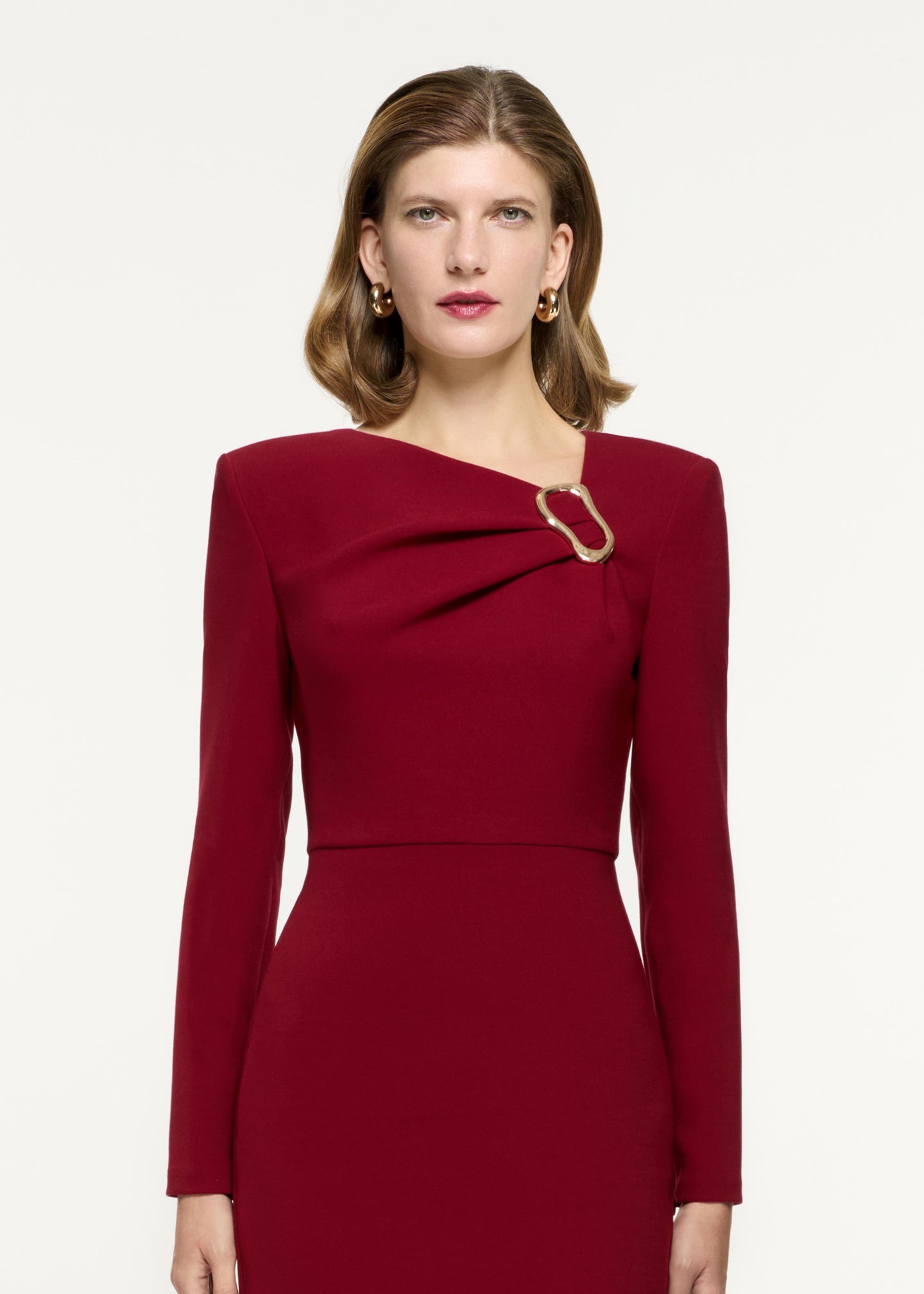 Long Sleeve Buckle Crepe Midi Dress