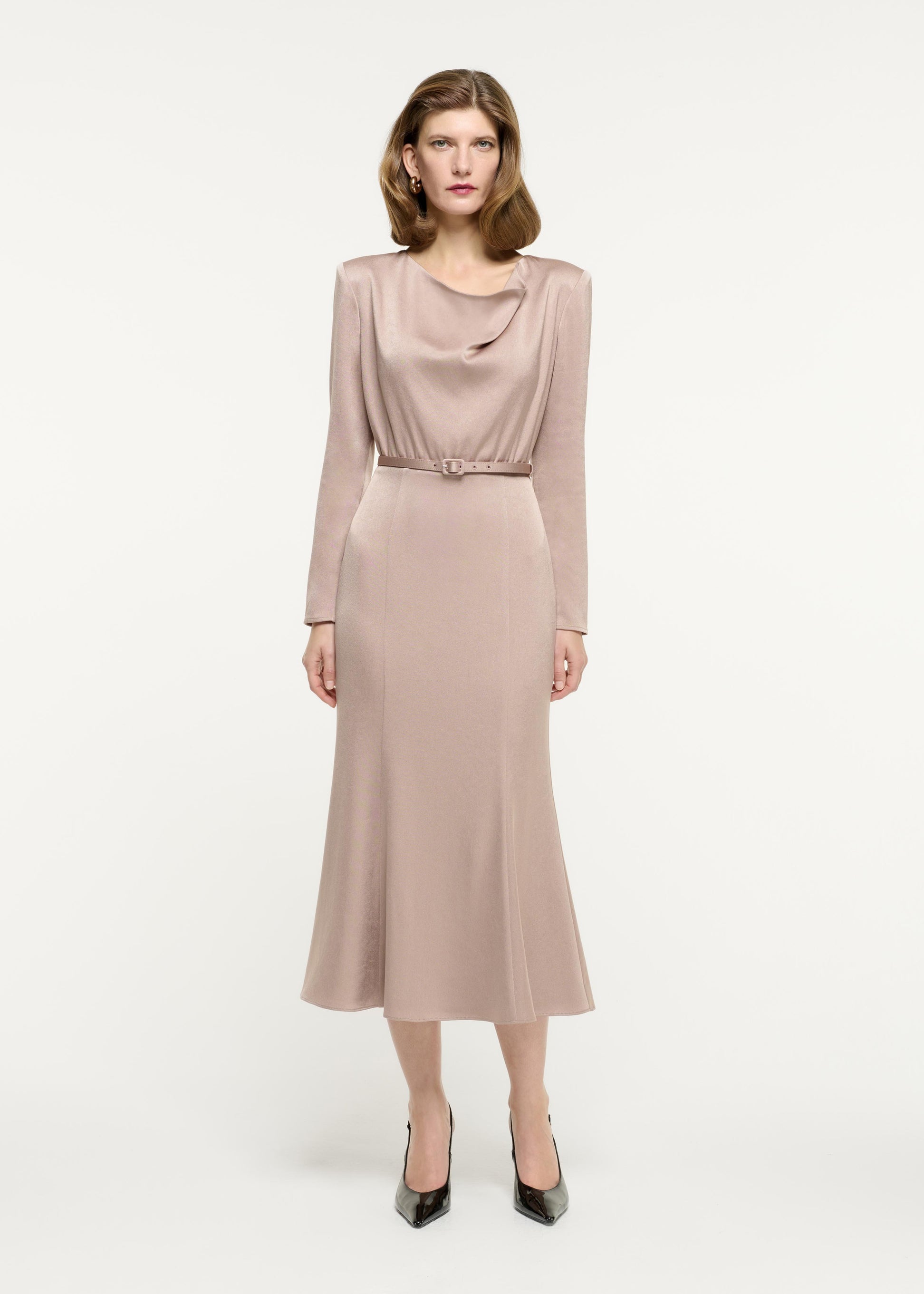 Cowl Drape Satin Crepe Midi Dress