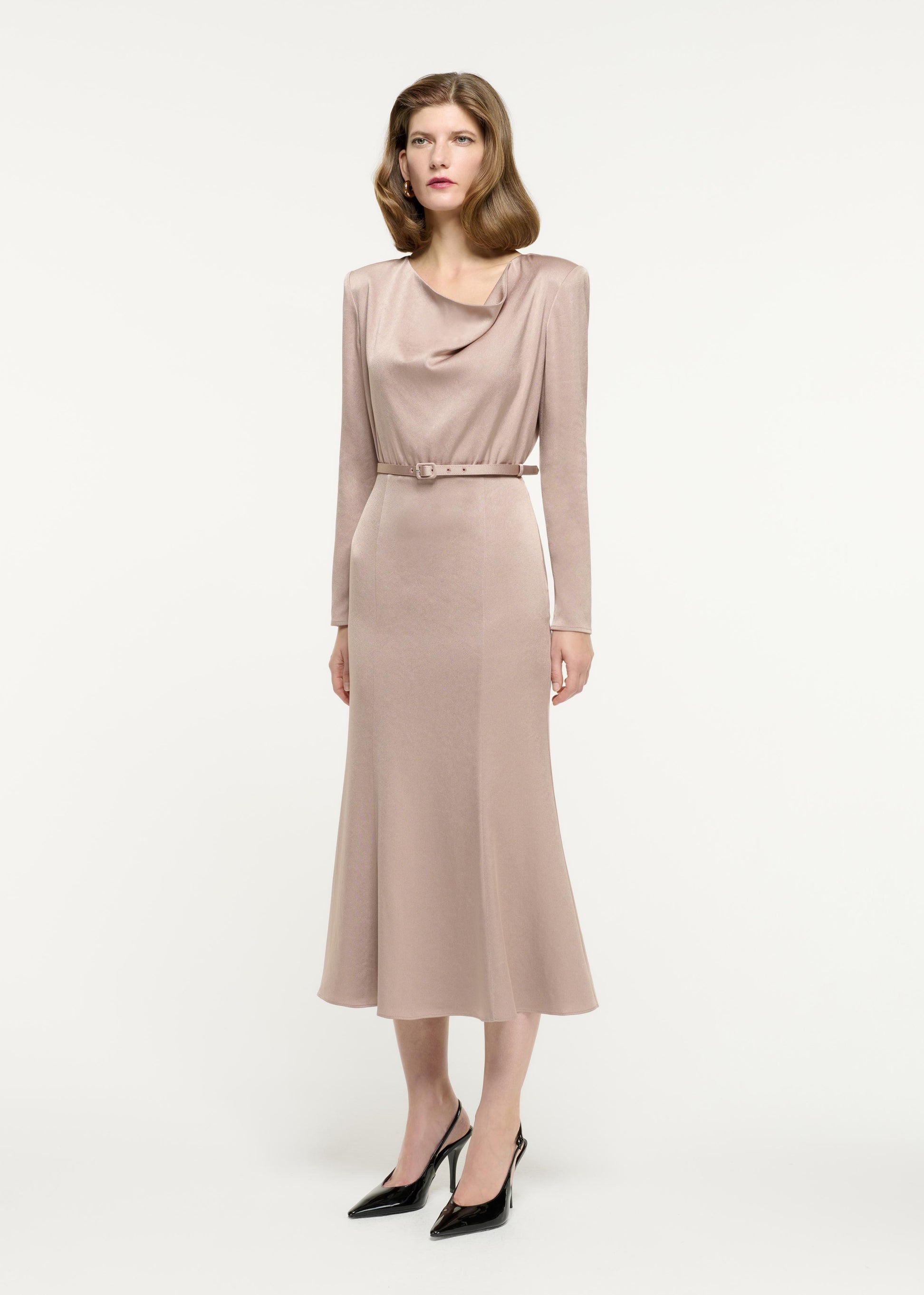 Cowl Drape Satin Crepe Midi Dress