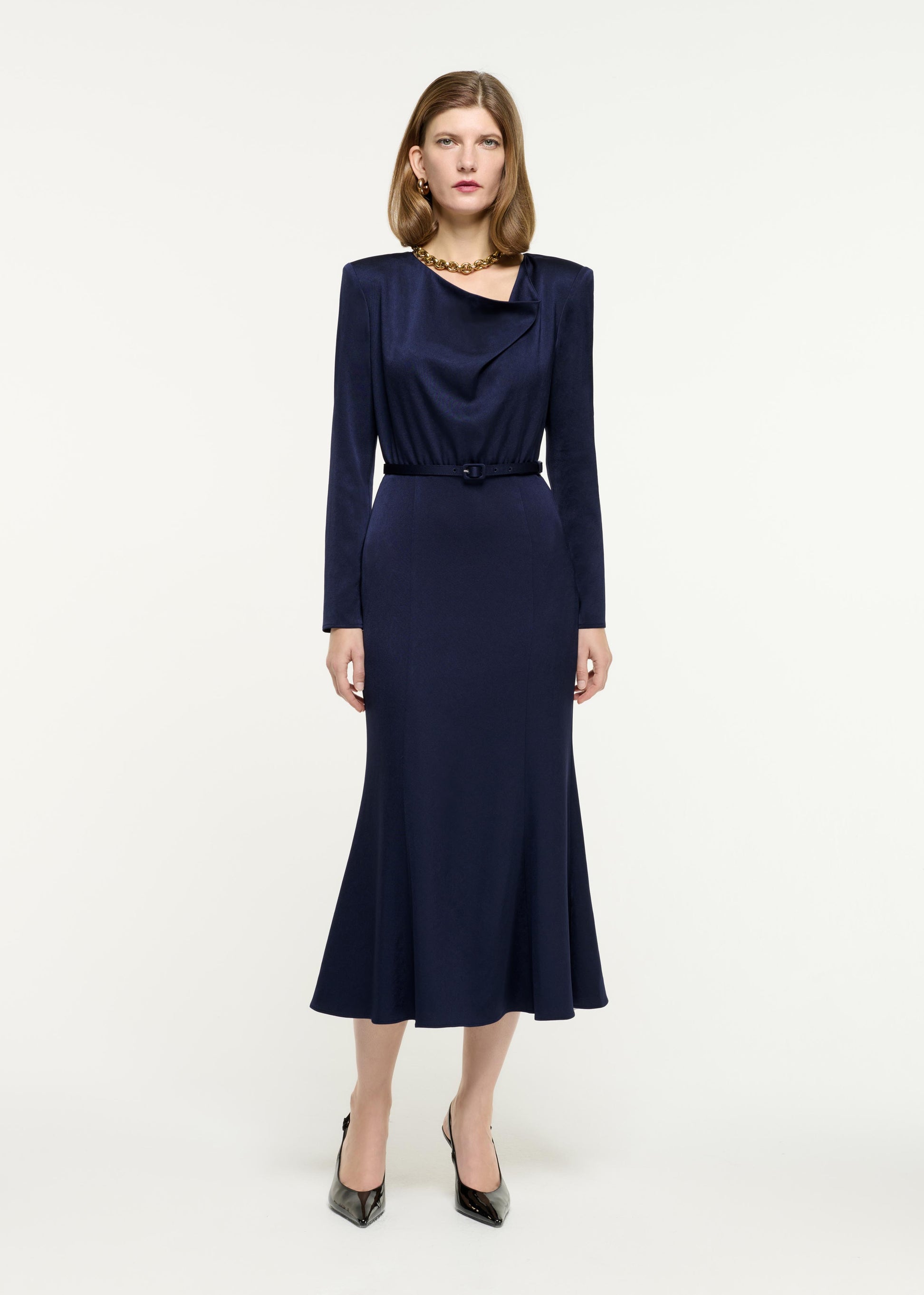 Cowl Drape Satin Crepe Midi Dress