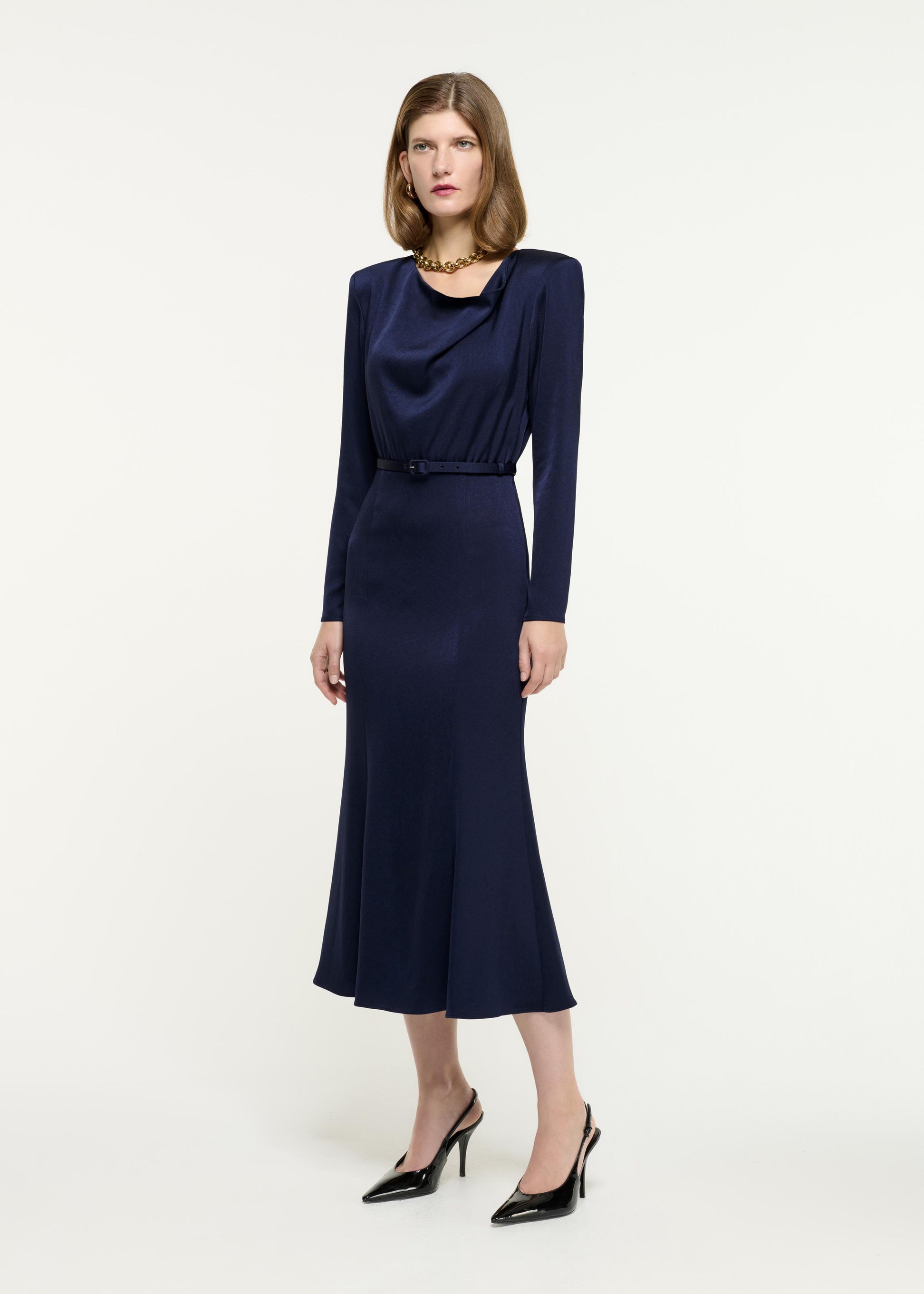 Cowl Drape Satin Crepe Midi Dress