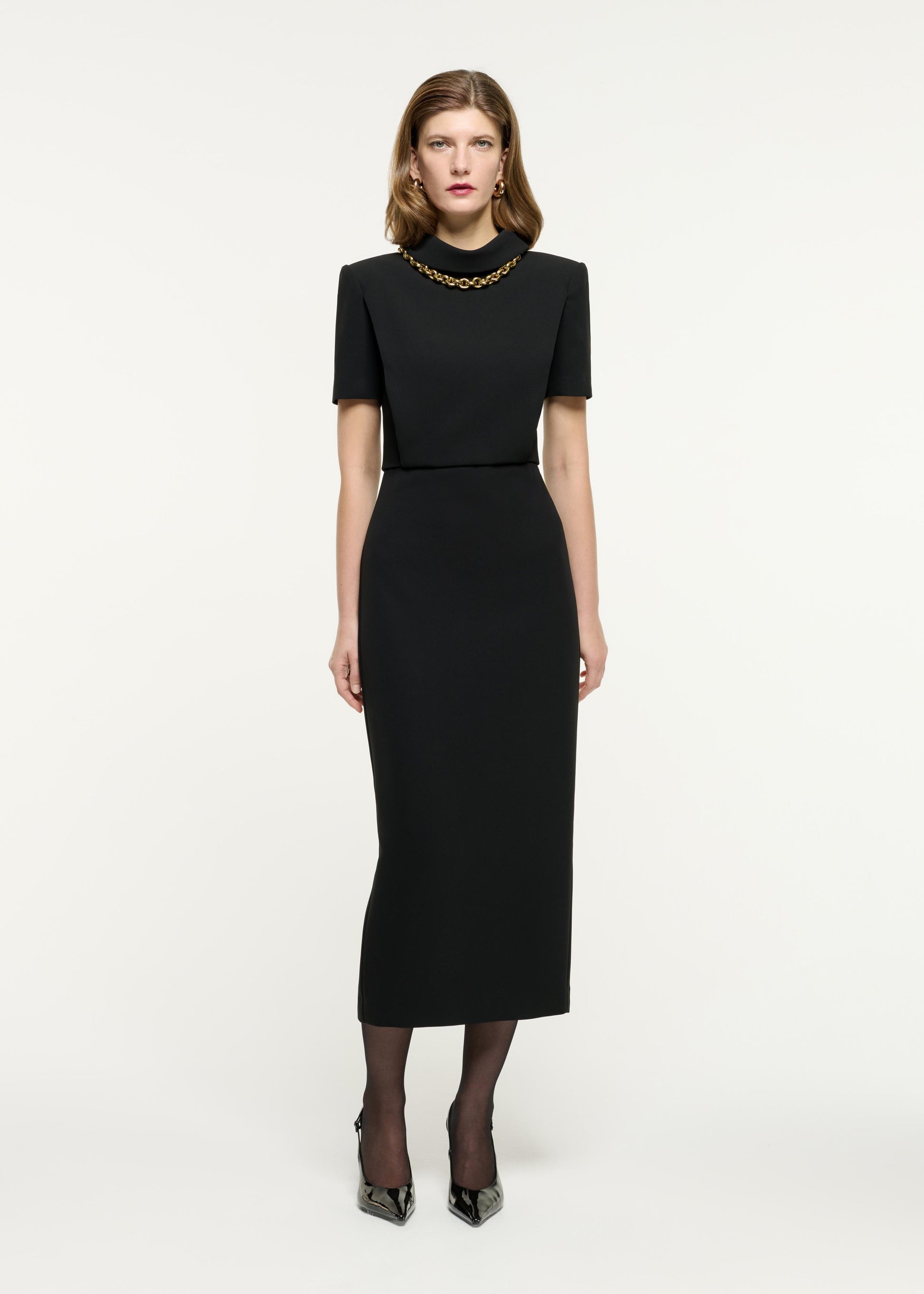 Short Sleeve Heavy Cady Collared Midi Dress