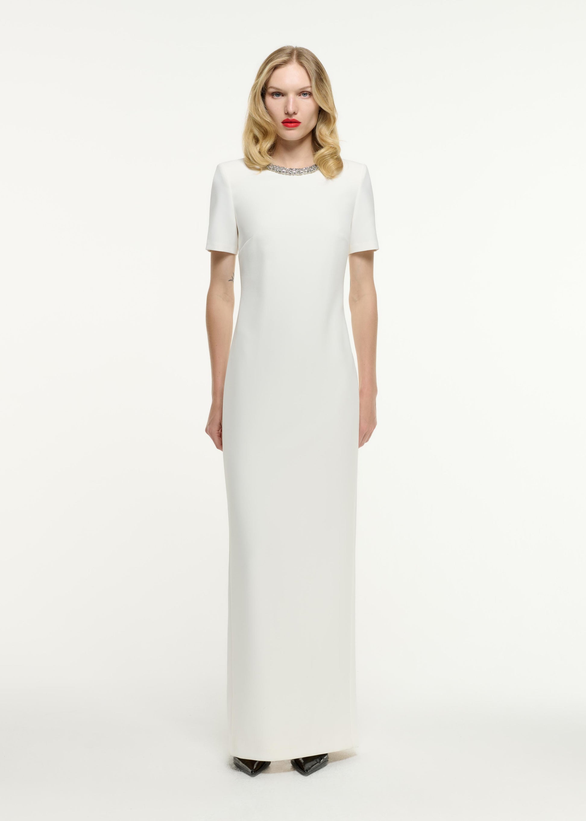 Short Sleeve Embellished Crepe Maxi Dress