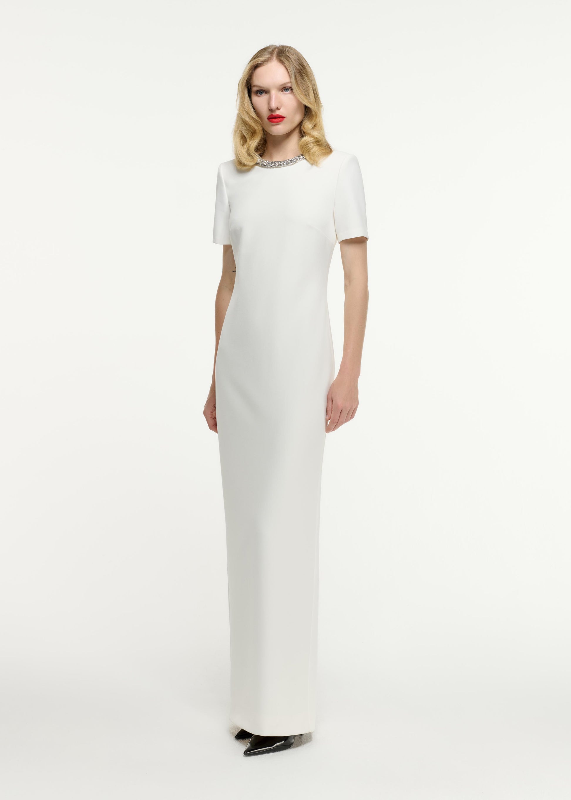 Short Sleeve Embellished Crepe Maxi Dress