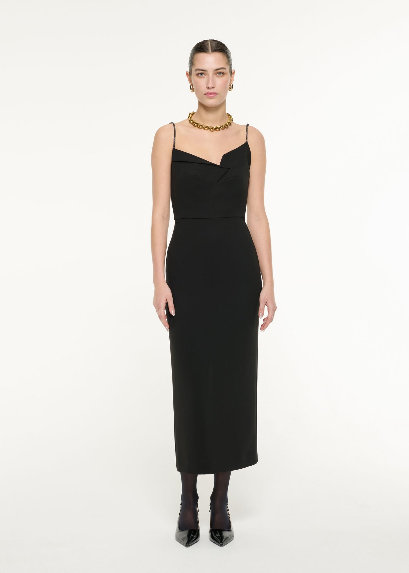 Front view of a model wearing the Diamante Strap Crepe Midi Dress in Black