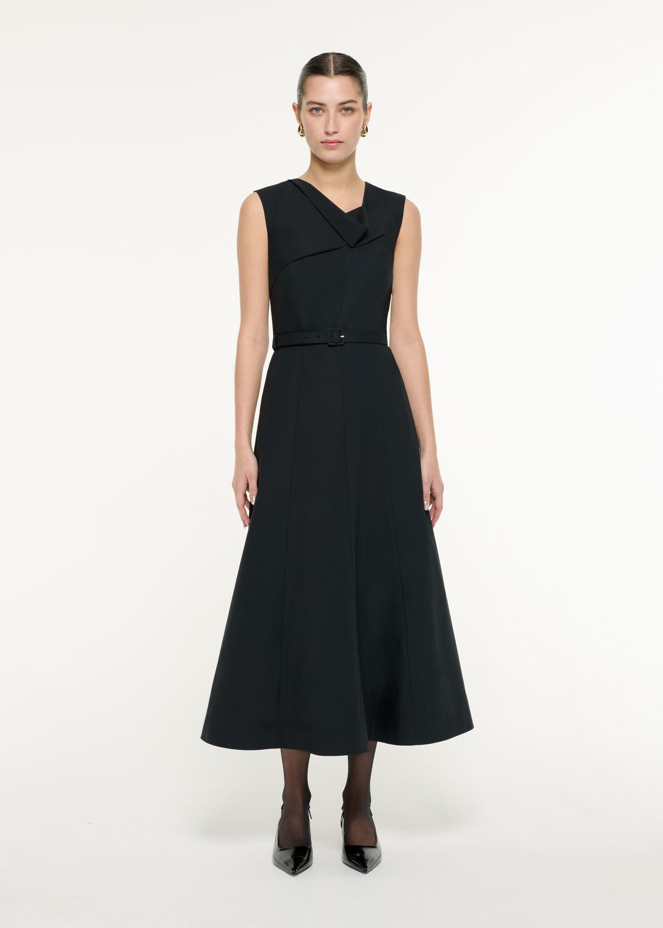 Front view of a model wearing the Drape Cotton Poplin Midi Dress in Black 