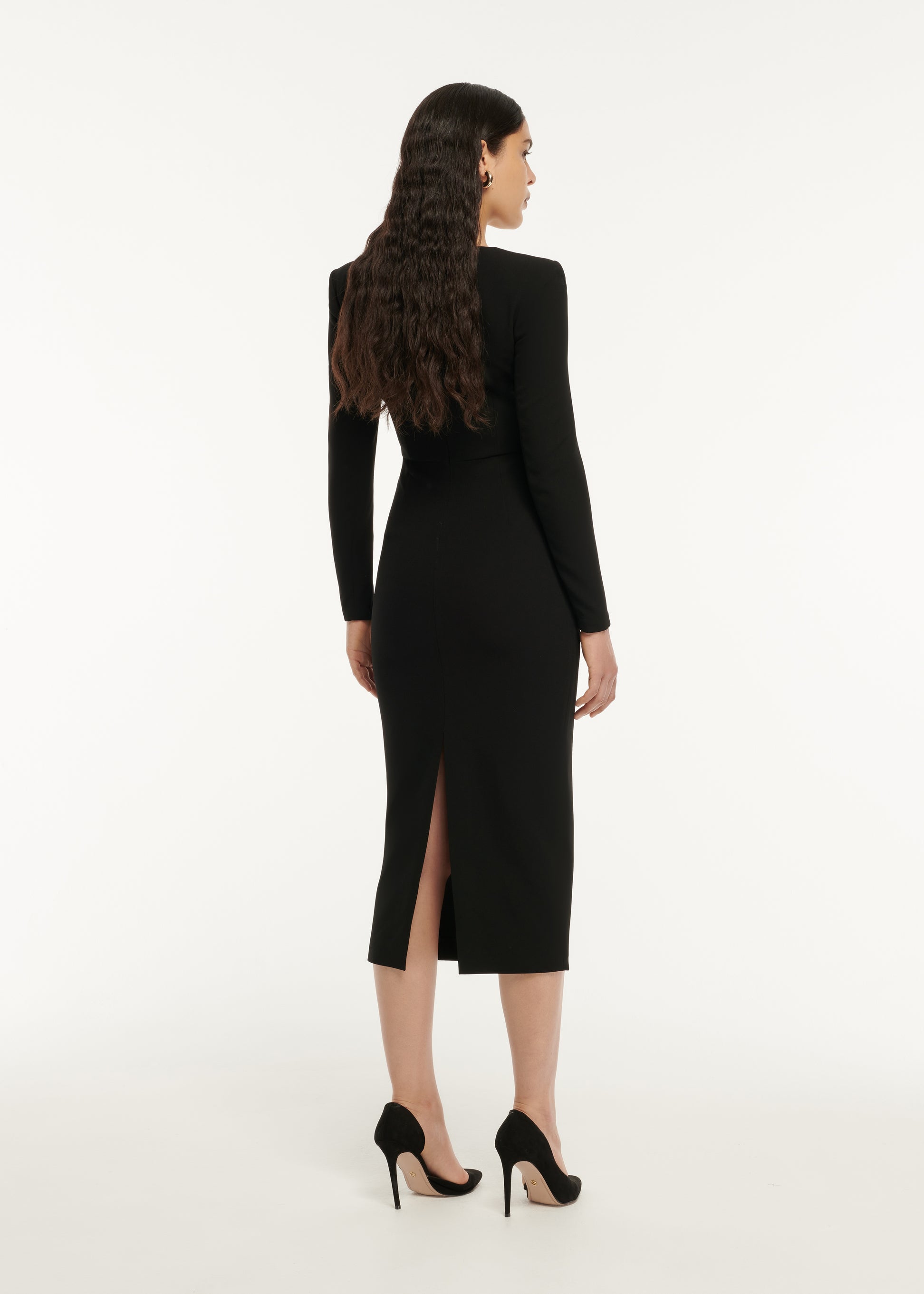 Long Sleeve Curved Stretch Cady Midi Dress in Black – Roland Mouret