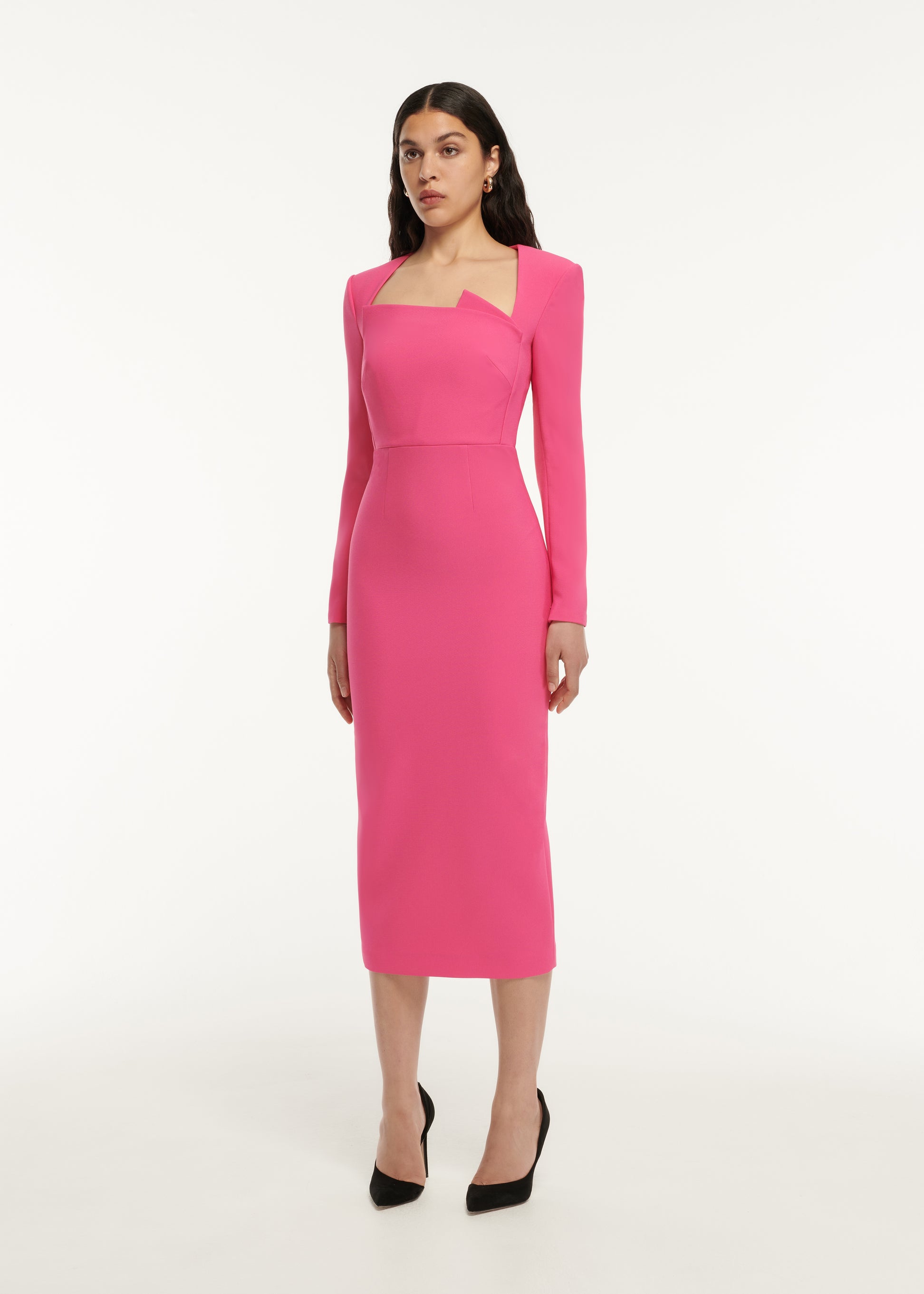 A woman wearing the Long Sleeve Pleat Detail Crepe Midi Dress