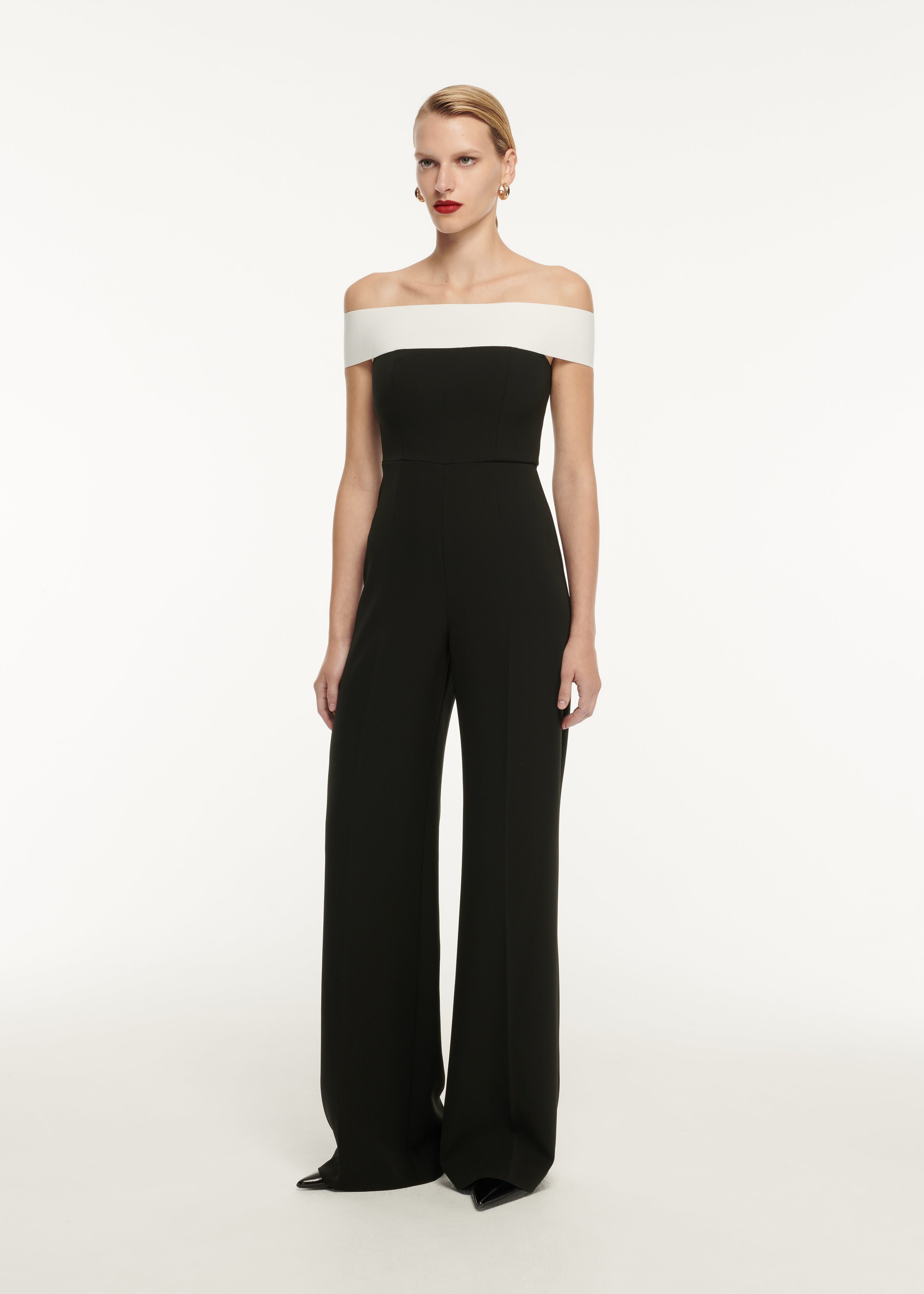 Off The Shoulder Stretch Cady Jumpsuit in Monochrome – Roland Mouret