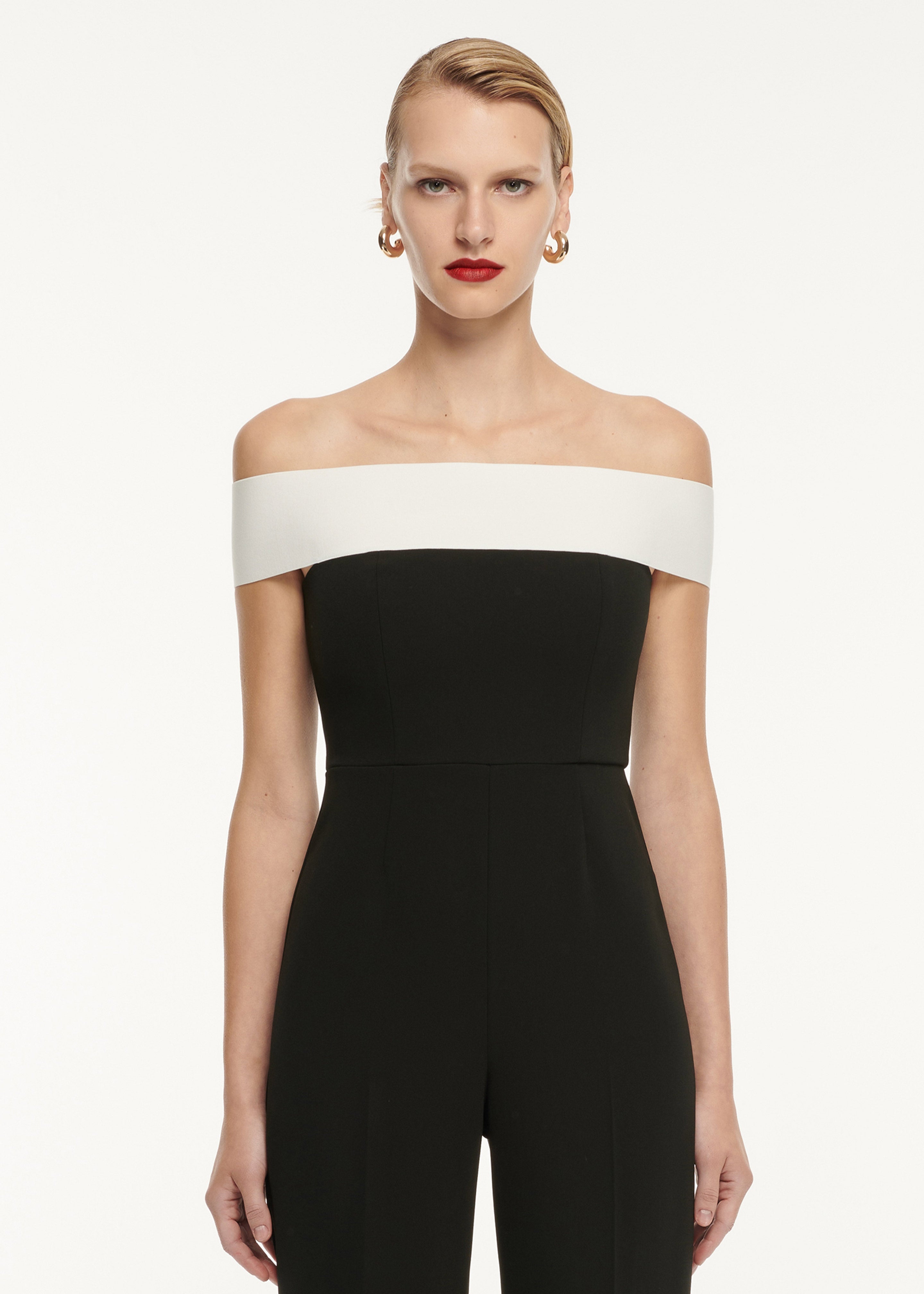 Off The Shoulder Stretch Cady Jumpsuit in Monochrome – Roland Mouret