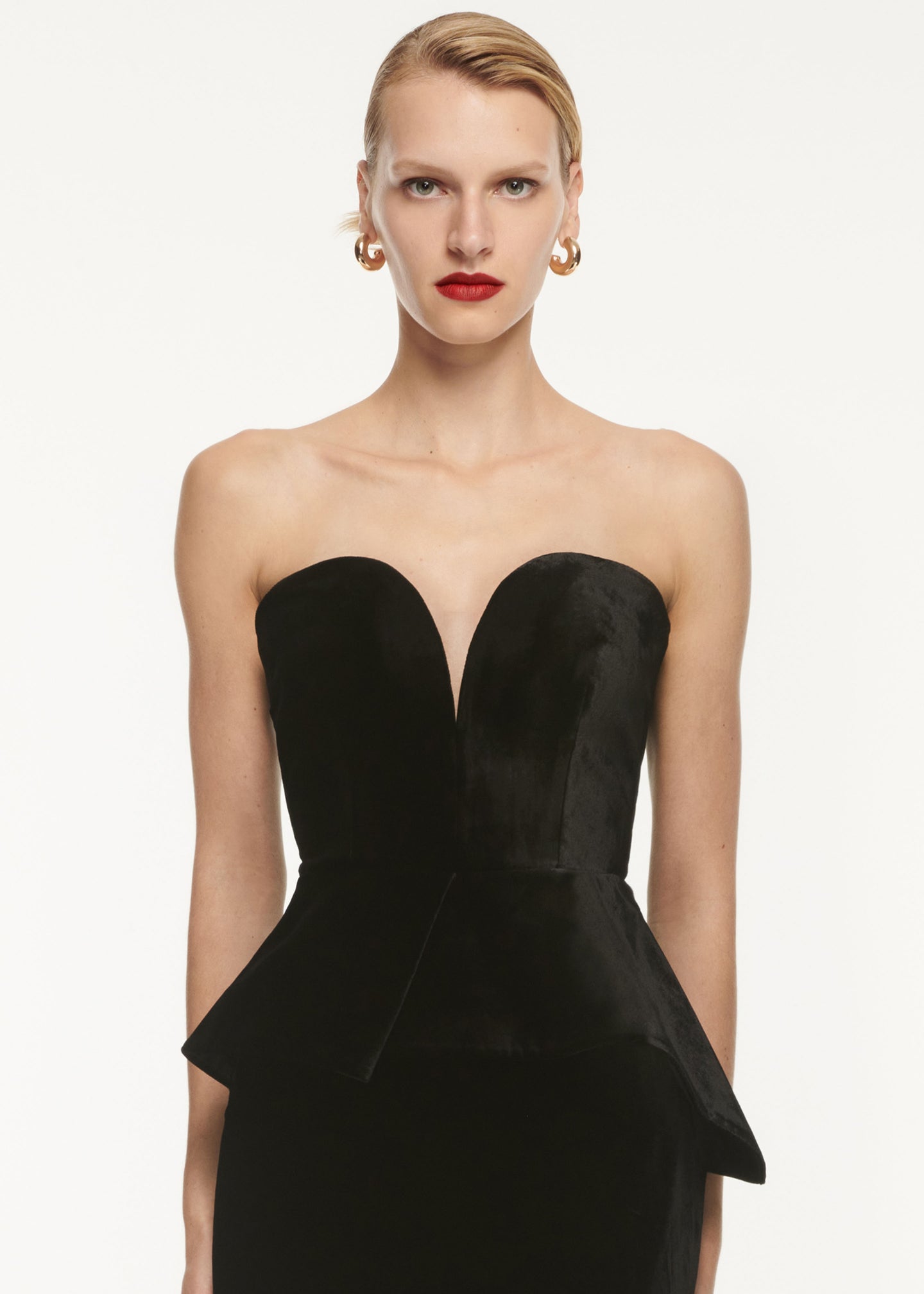 Strapless Velvet Peplum Gown