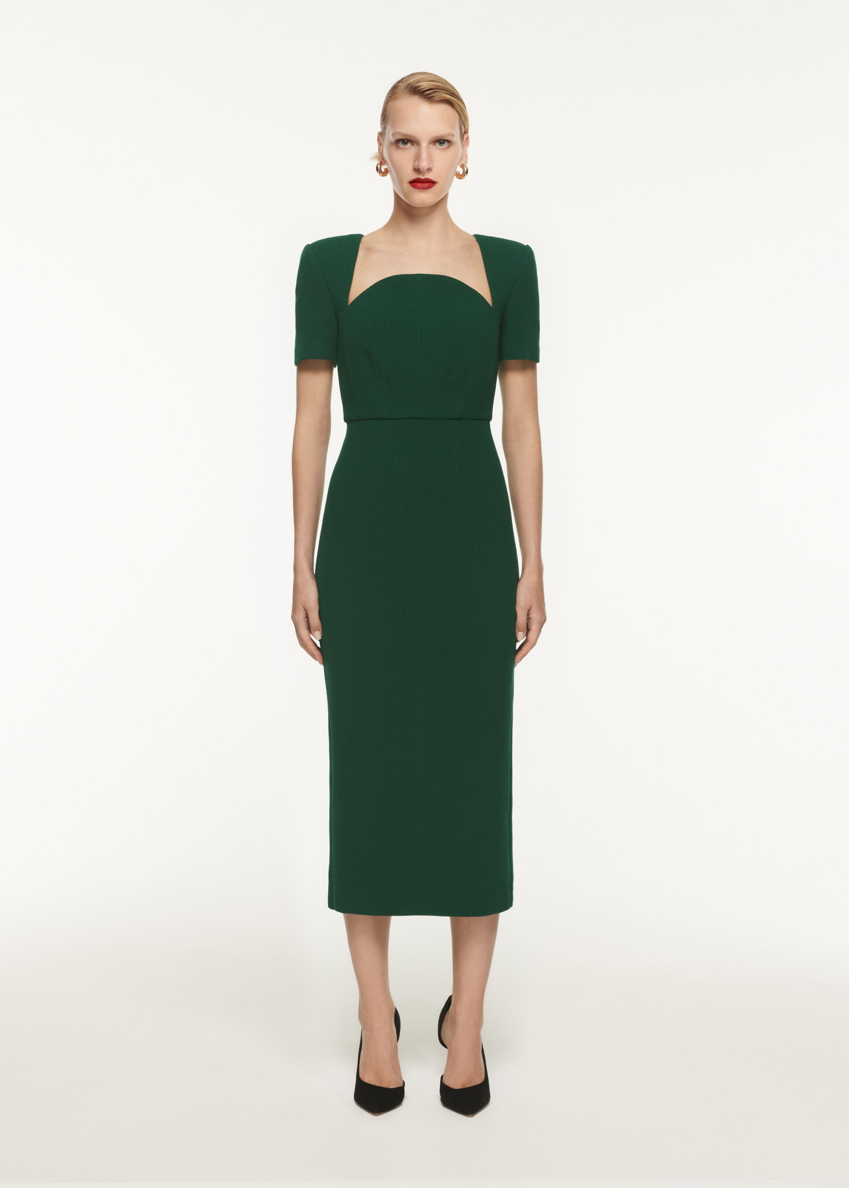 Short Sleeve Wool Crepe Midi Dress in Green – Roland Mouret