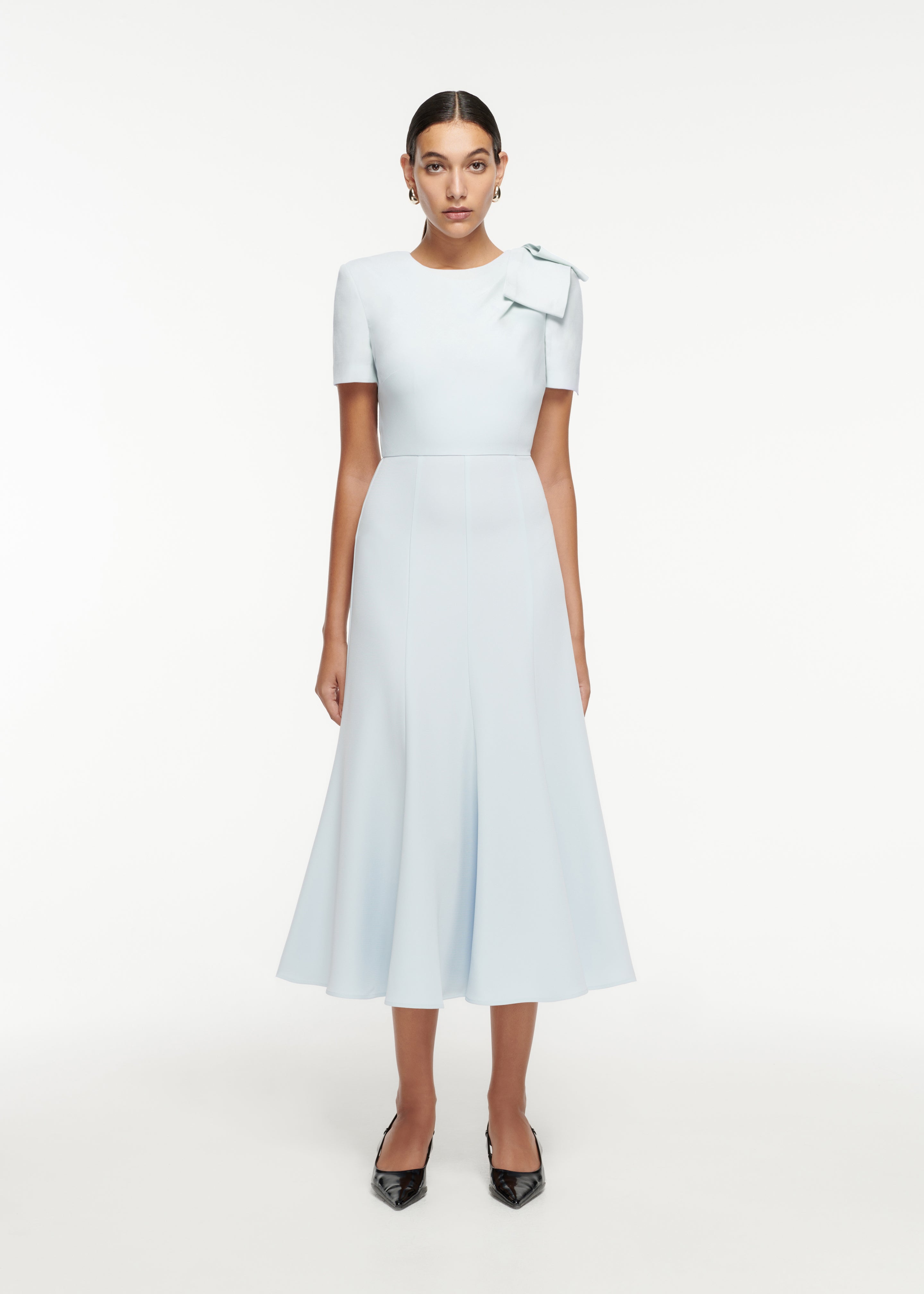 Short Sleeve Bow Heavy Cady Midi Dress in Light Blue Roland Mouret