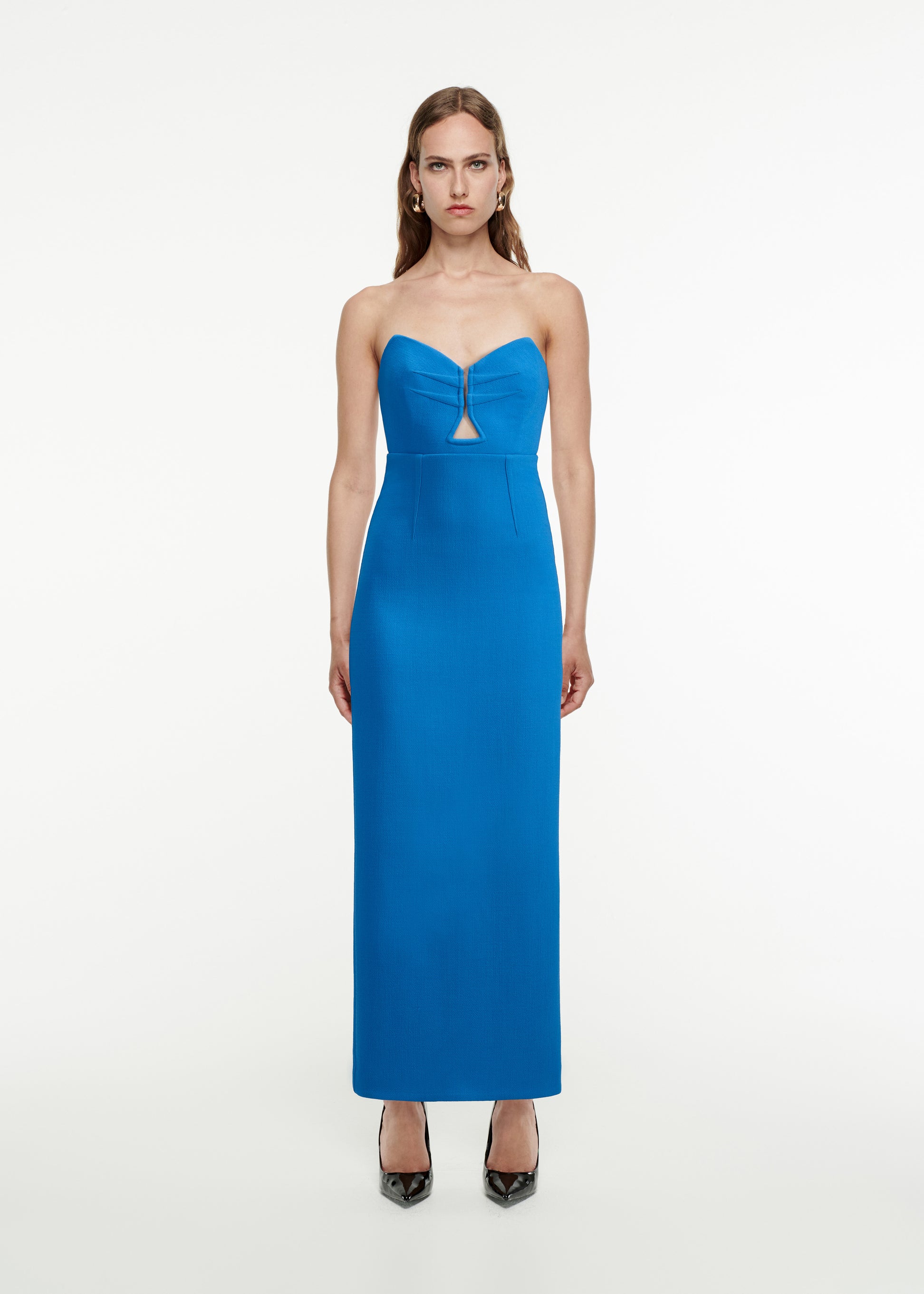 Woman wearing the Strapless Wool Crepe Midi Dress in Blue