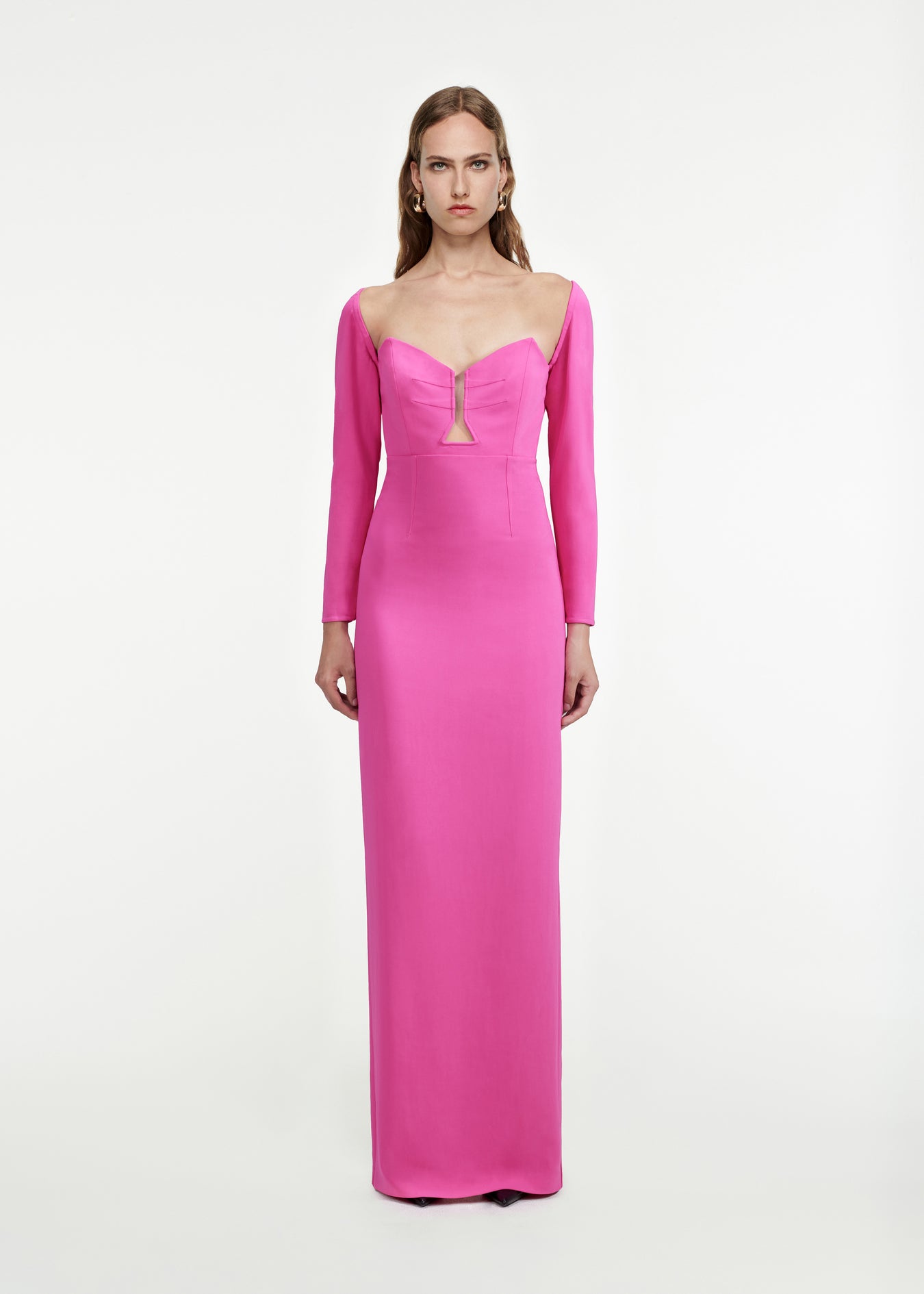 Woman wearing the Long Sleeve Stretch-Cady Gown in Pink