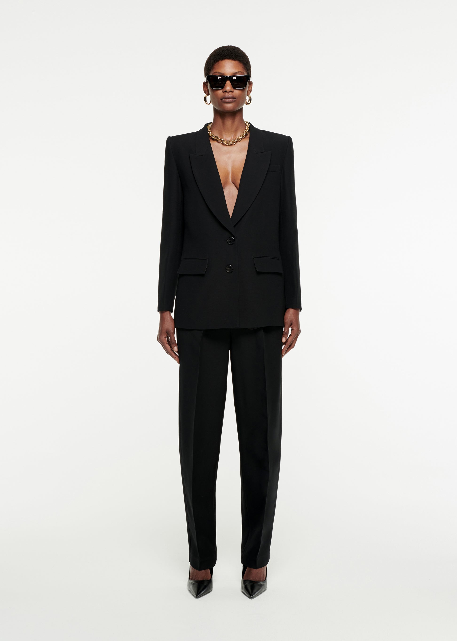 Woman wearing the Straight-Cut Silk Wool Trouser in Black 