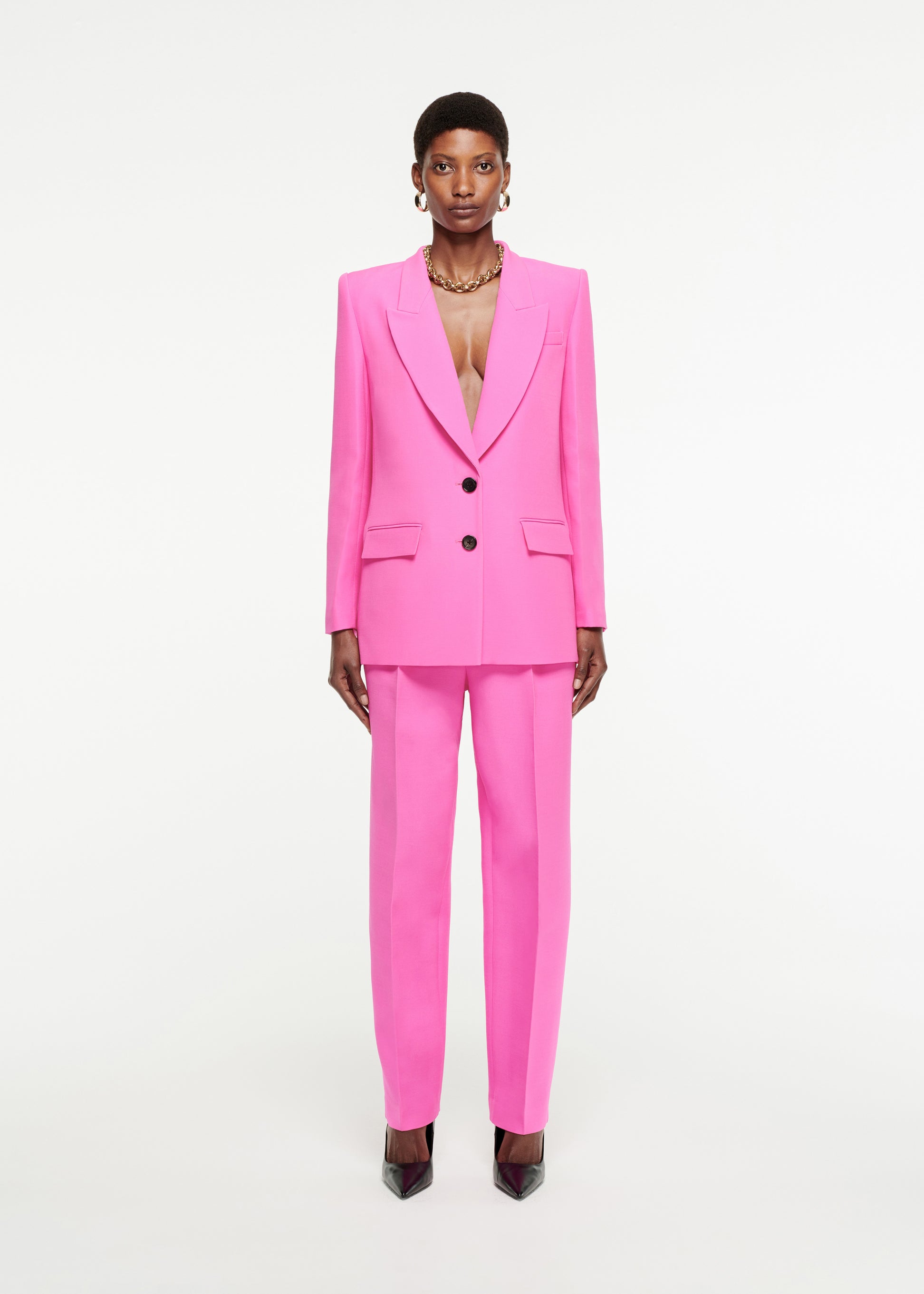 Woman wearing the Straight-Cut Silk Wool Trouser in Pink 