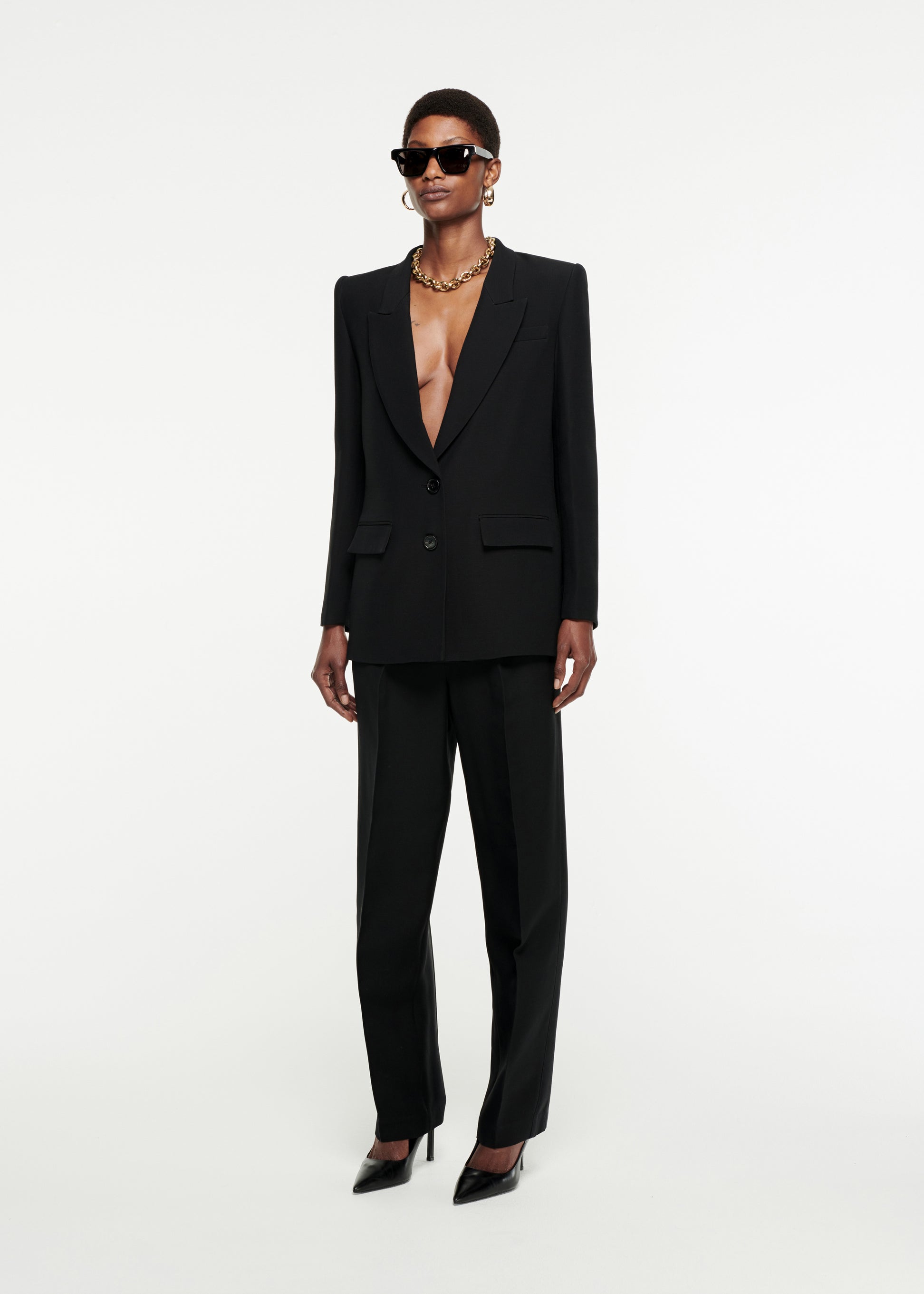 Woman wearing the Silk Wool Blazer in Black 