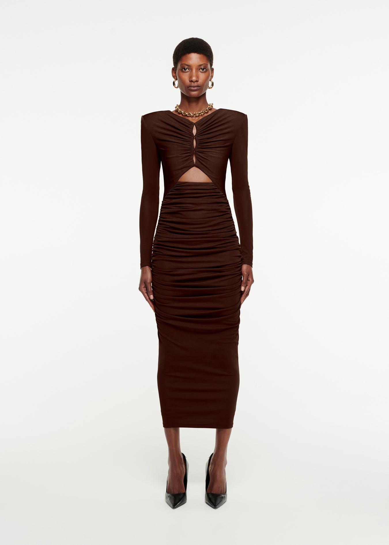 Woman wearing the Long Sleeve Ruched Jersey Midi Dress in Brown