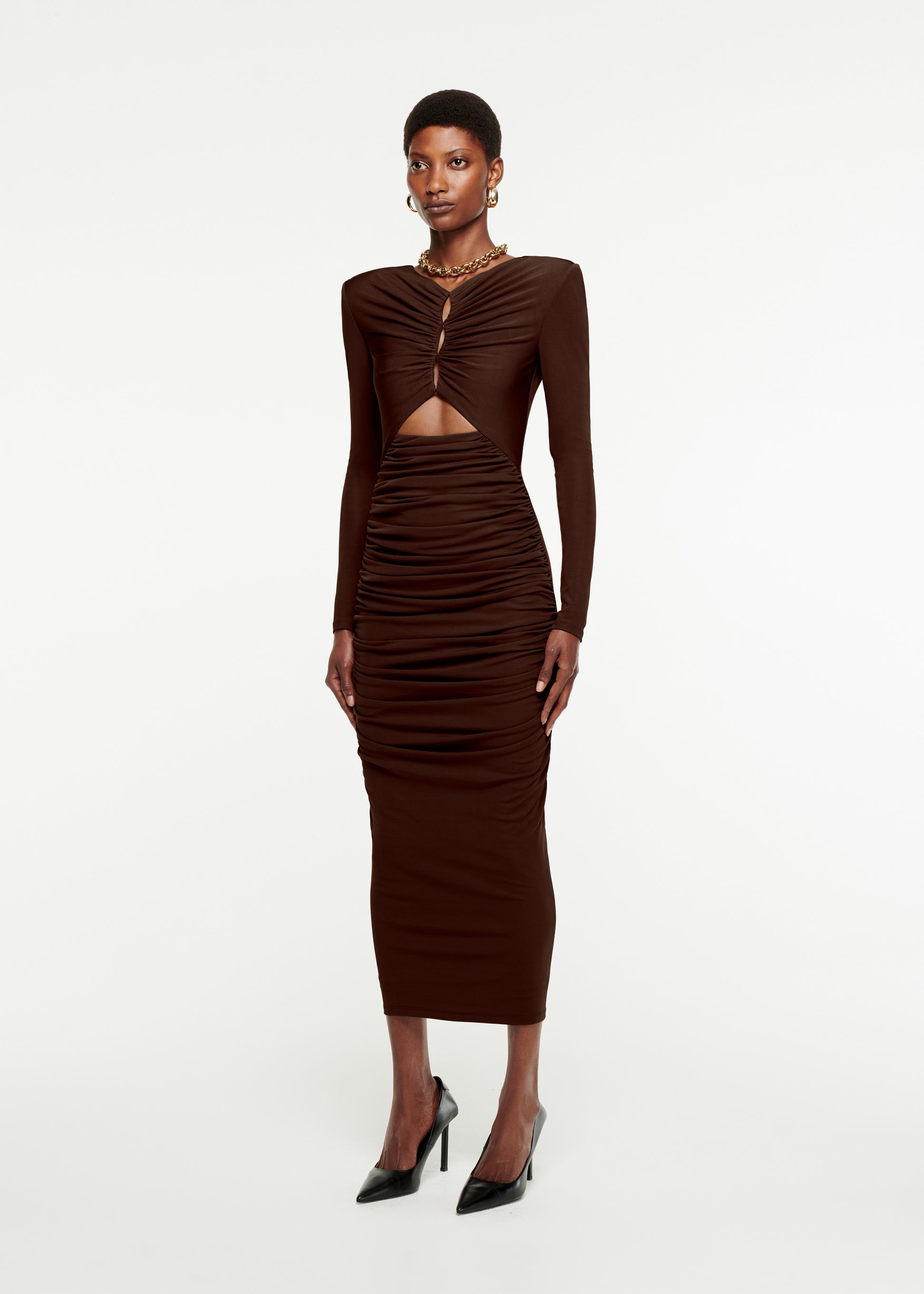 Woman wearing the Long Sleeve Ruched Jersey Midi Dress in Brown